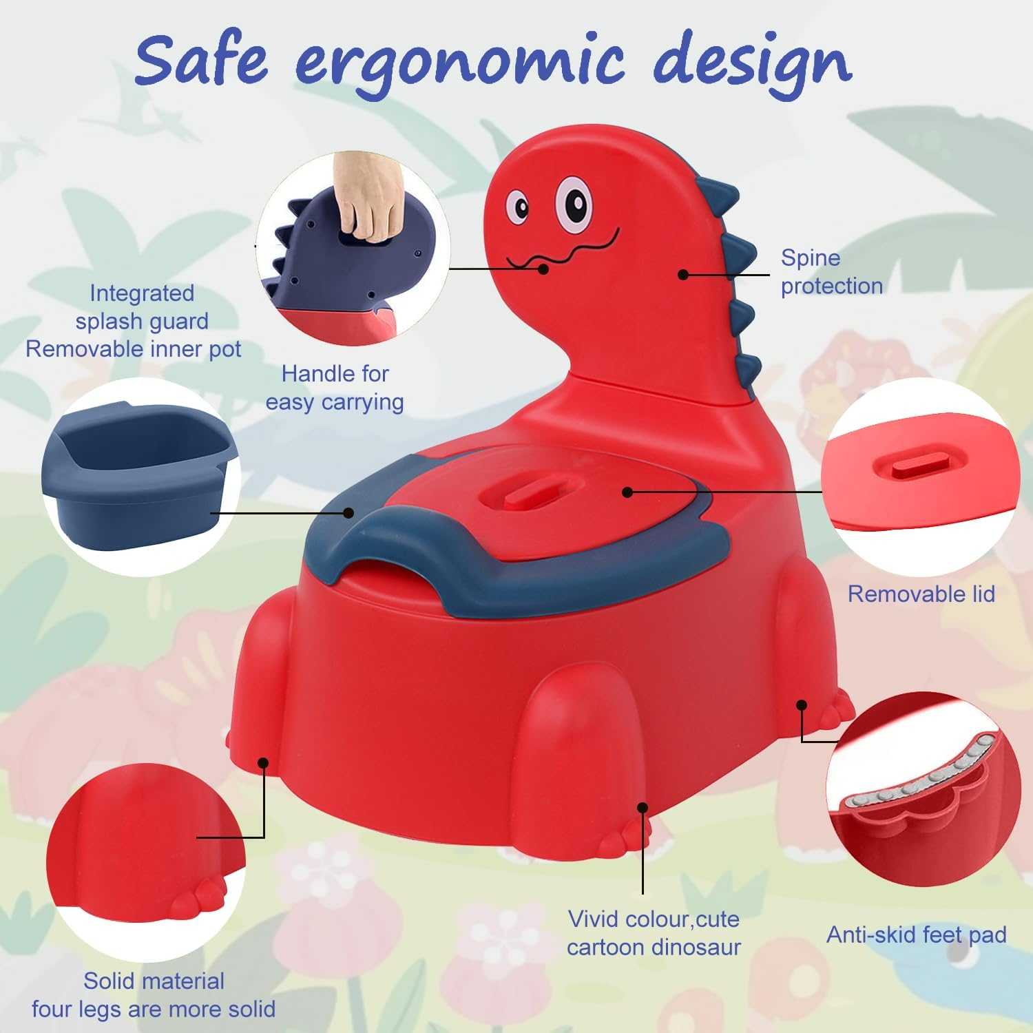 Dinosaur Potty Training Seat - Comfortable Toddler Potty Toilet Seat with Non-Slip Mat, Backrest & Soft Lid, Portable Potty Training Chair for Boys & Girls 1-6 Years, Safe Toddler Potty Chair (Red) image number 6