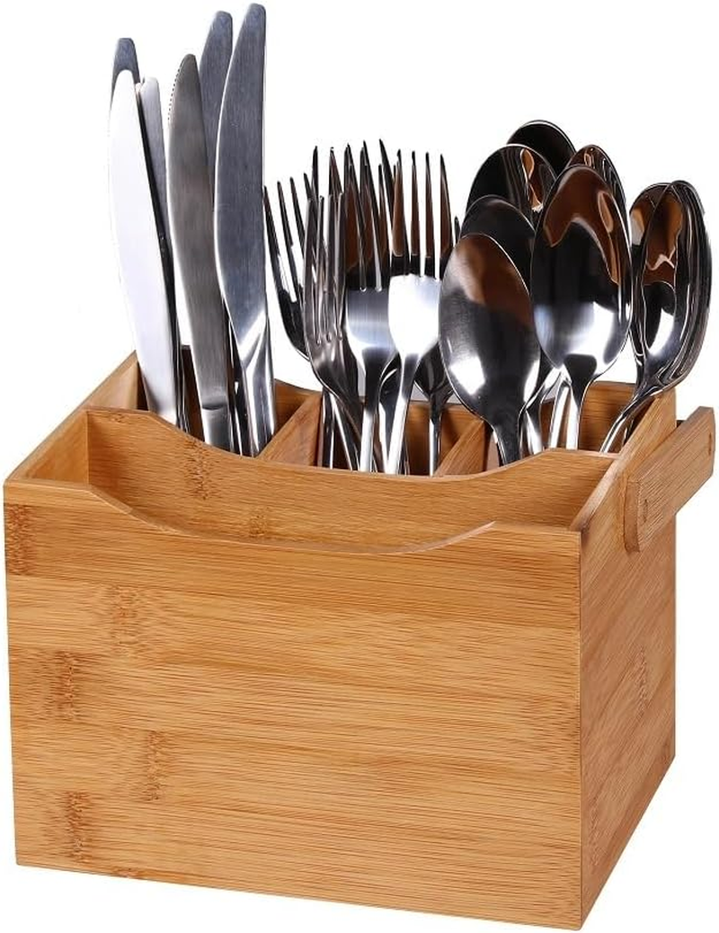Sherwood Home Bamboo Cutlery Caddy Holds Knife/Fork/Spoon and Napkin/Serviette 4 Compartments Durable Eco-Friendly and Easy to Wash Carry Handle Built in (23X15X23Cm) image number 2