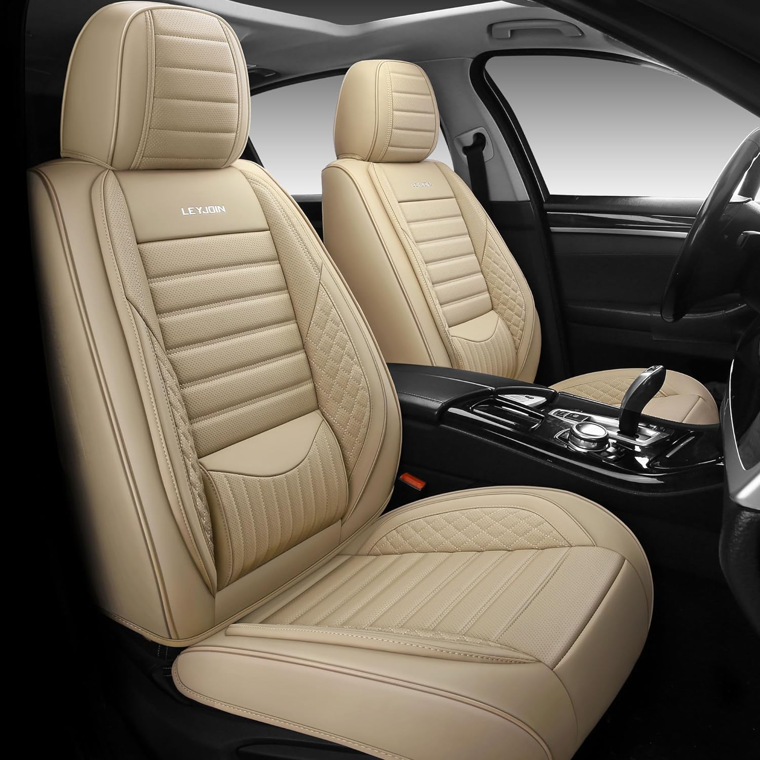 Fully Covered Automotive Car Seat Covers with Waterproof Nappa Leatherette Universal Fit for Most Cars Sedans Suvs and Pick-Up Trucks with 5 Seats (Beige, Full Set) image number 1