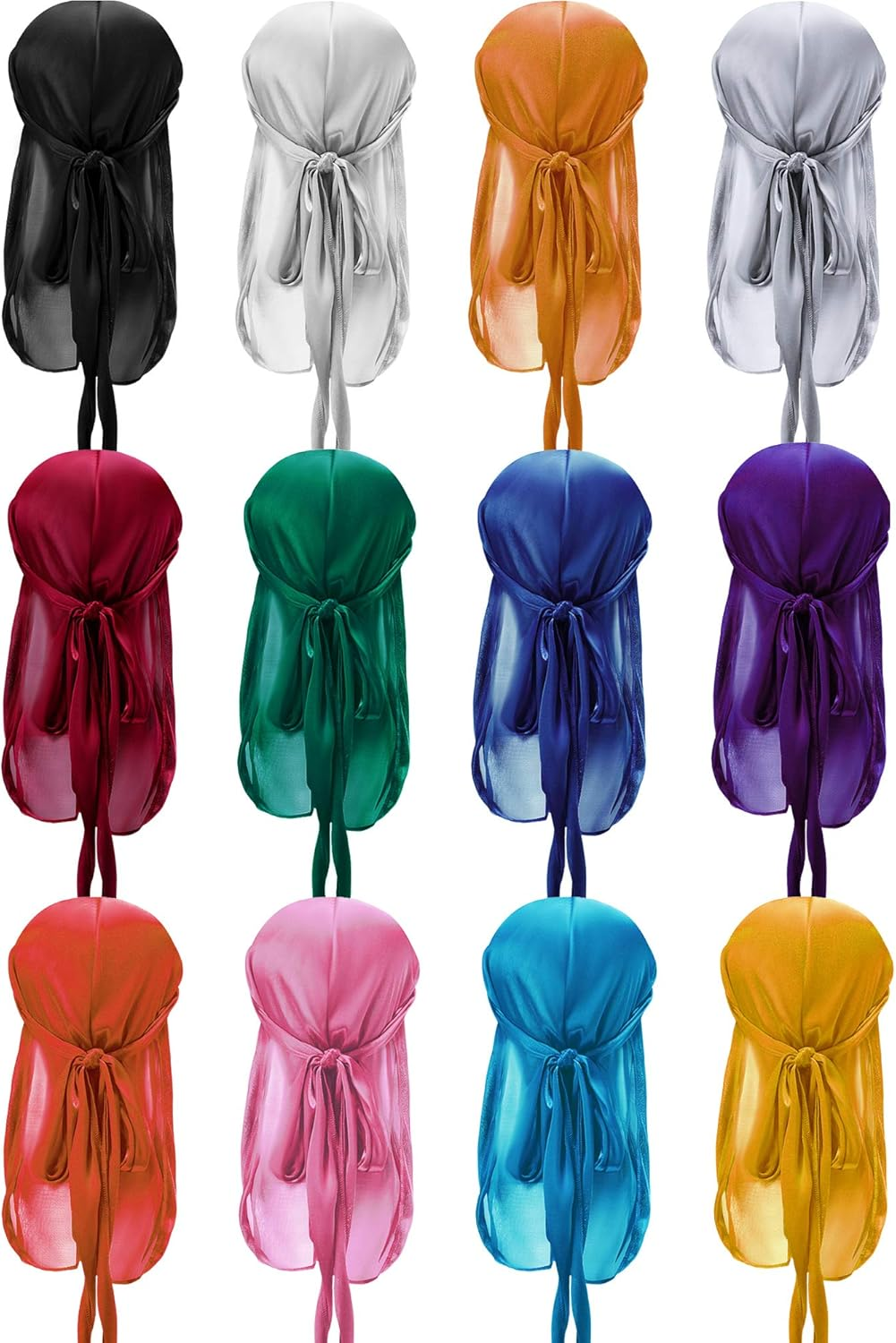 SATINIOR 12 Pieces Silky Durag Caps Soft Long Tail Headscarf Elastic Wide Straps Headwraps for Women Men Favors, 12 Colors image number 2