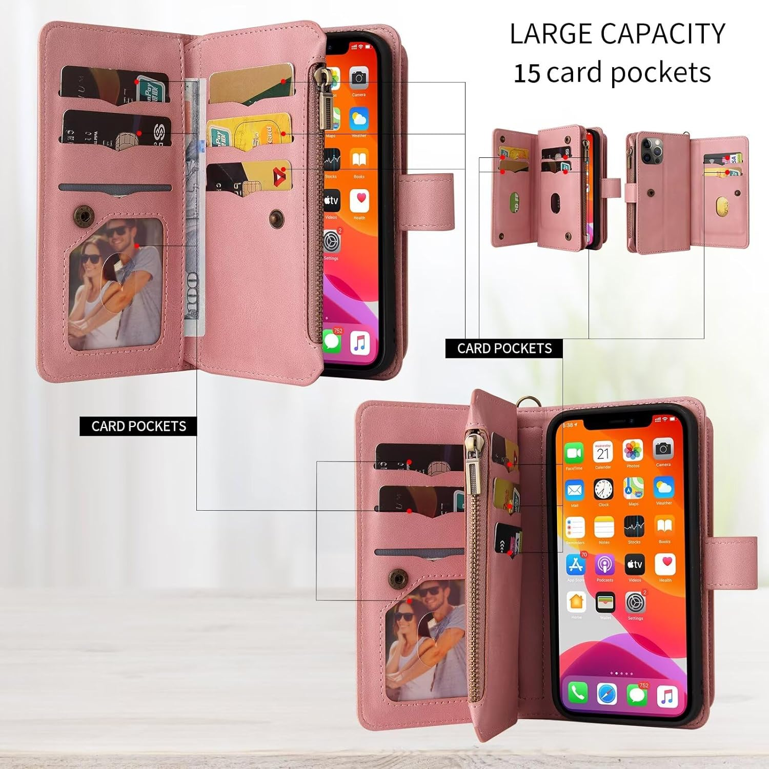 Belzsxy Mobile Phone Case for Samsung Galaxy S25 FE Case, Flip Case, Leather Case, Zip, Magnetic Closure, Wallet with 15 Card Slots, Stand Funtion, Retro Leather Case - Pink image number 3