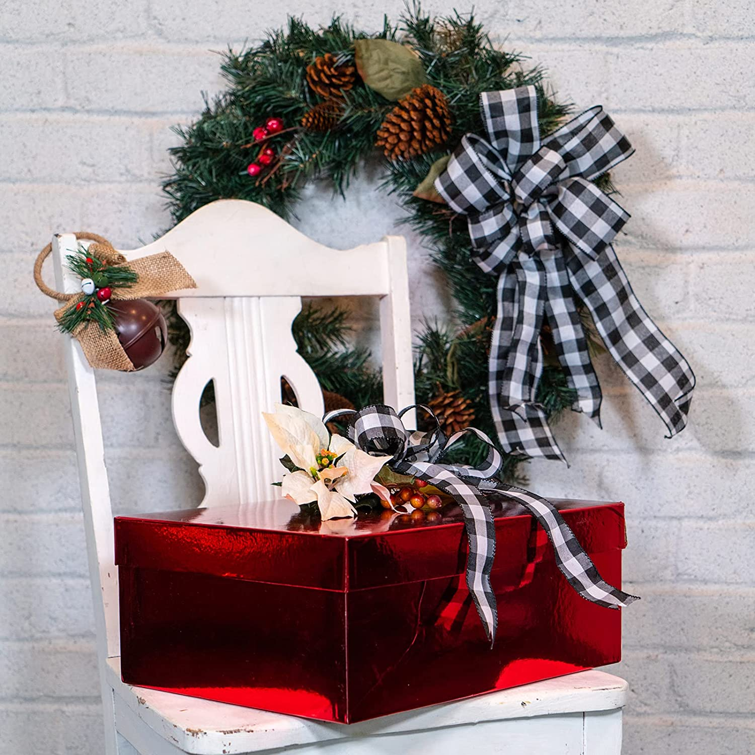 Morex Ribbon 7398.60/50-613 Cambridge 2.5" X 50 YD Wired Ribbon, Black and White, Buffalo Check Plaid Ribbon for Gift Wrapping, Christmas Decorations Indoor Home Decor, Craft Supplies & Materials image number 5