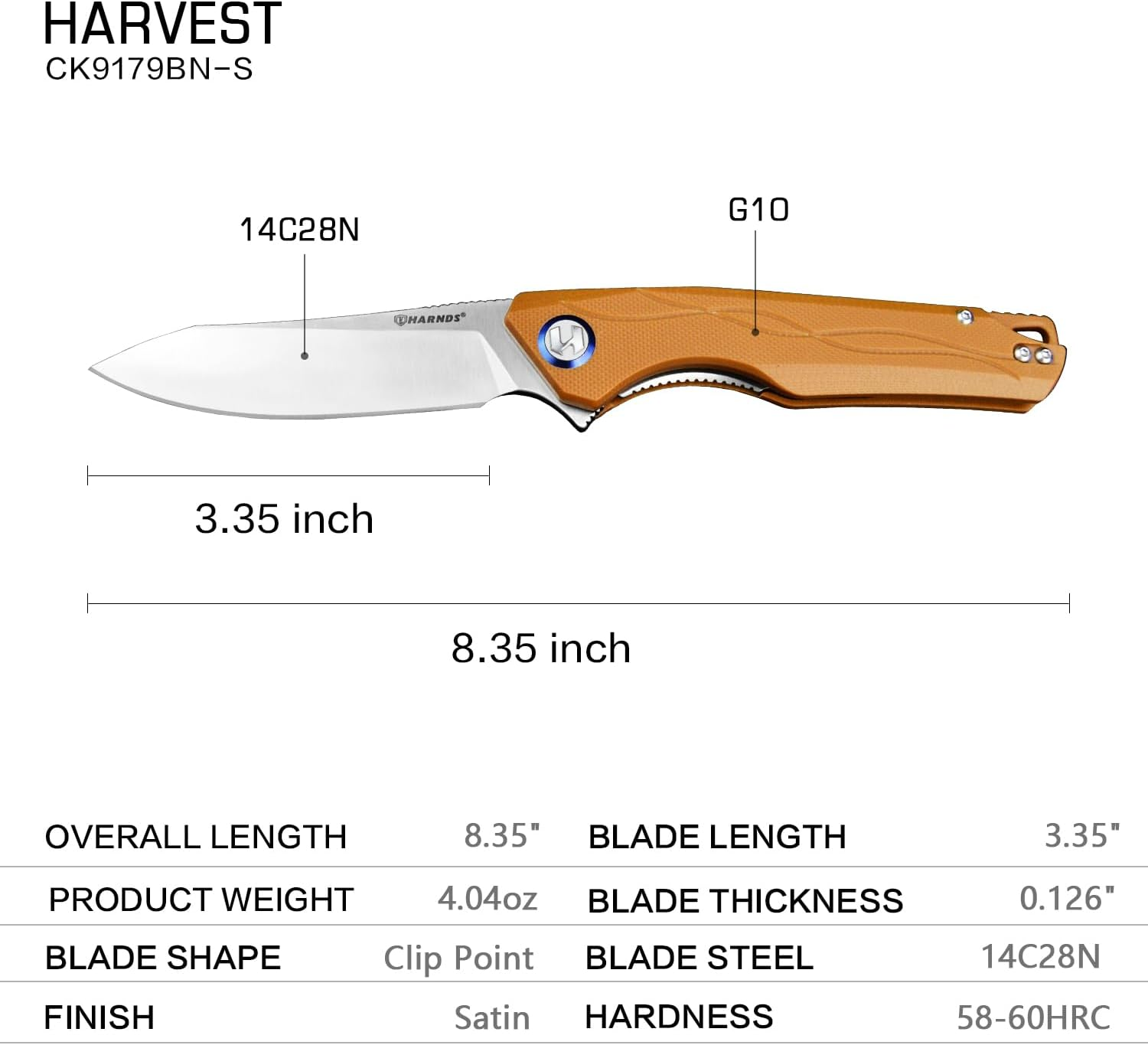 HARNDS Harvest Pocket Knife with Sandvik 14C28N Steel Folding Knife with G10 Handle for Camping Hunting Surviral (Brown) - Black image number 5