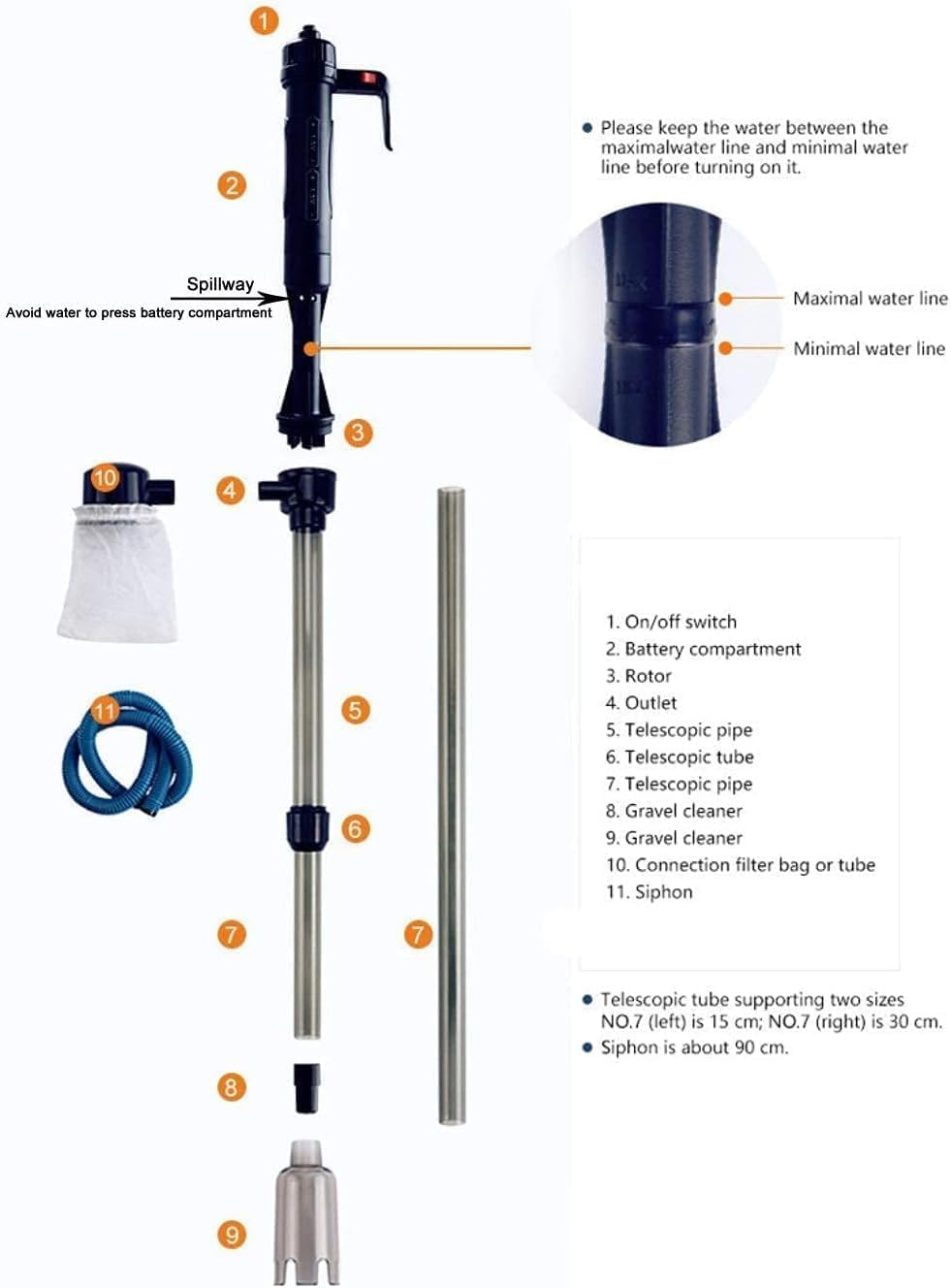 Electric Aquarium Vacuum Gravel Cleaner, Multifunction Fish Tank Cleaner Kit Gravel Vacuum, Syphon Operated Gravel Water Filter Cleaner Sand Washer for Automatic Wash Sand and Water Changer (Black) image number 4