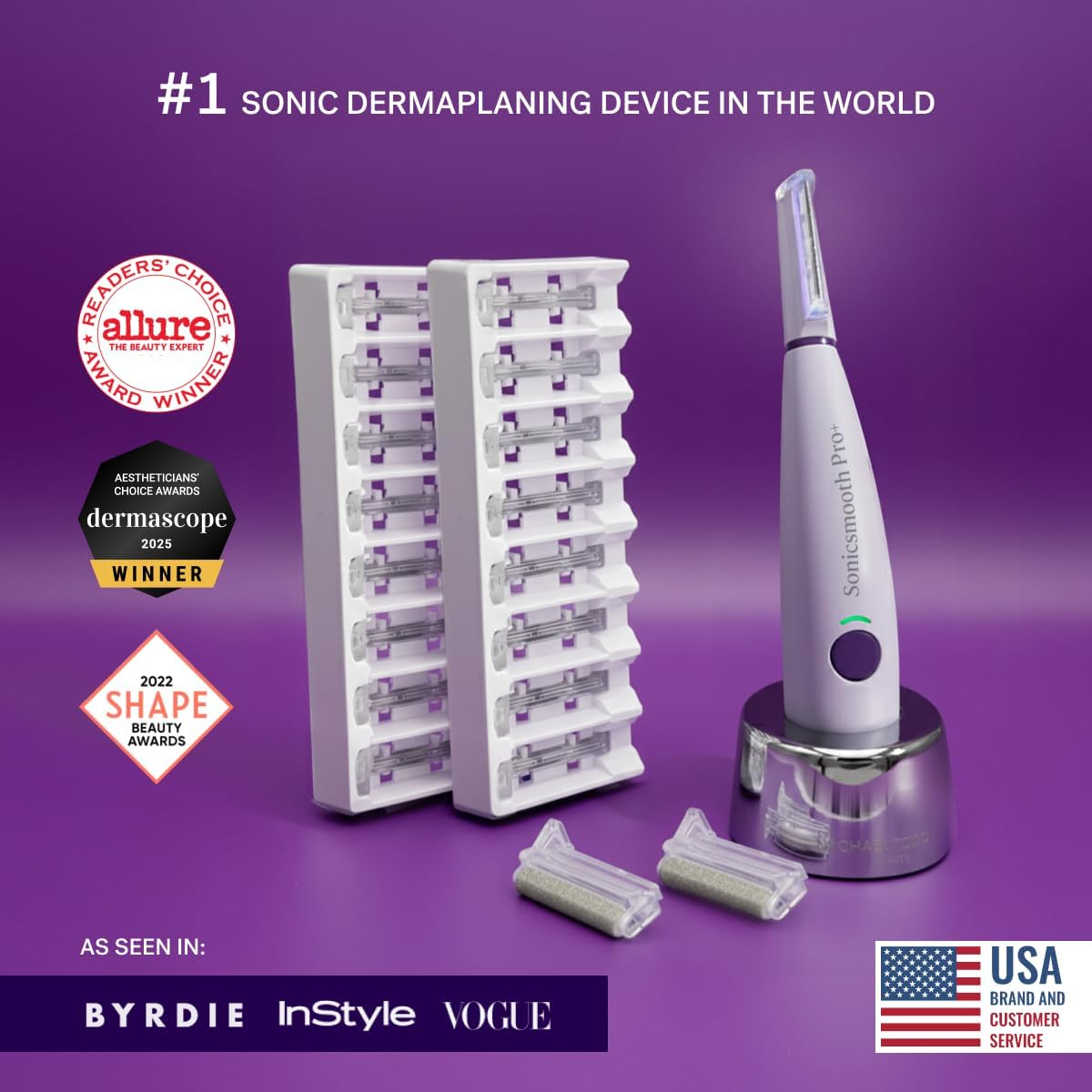 Michael Todd Beauty Sonicsmooth Pro+ Dermaplane Razor for Women Face + Eyebrow Trimmer Dermaplaning System W/Led Light Peach Fuzz Remover -16 Dermaplaning Blades & 2 Microsmooth Exfoliation Tips - Pink image number 5