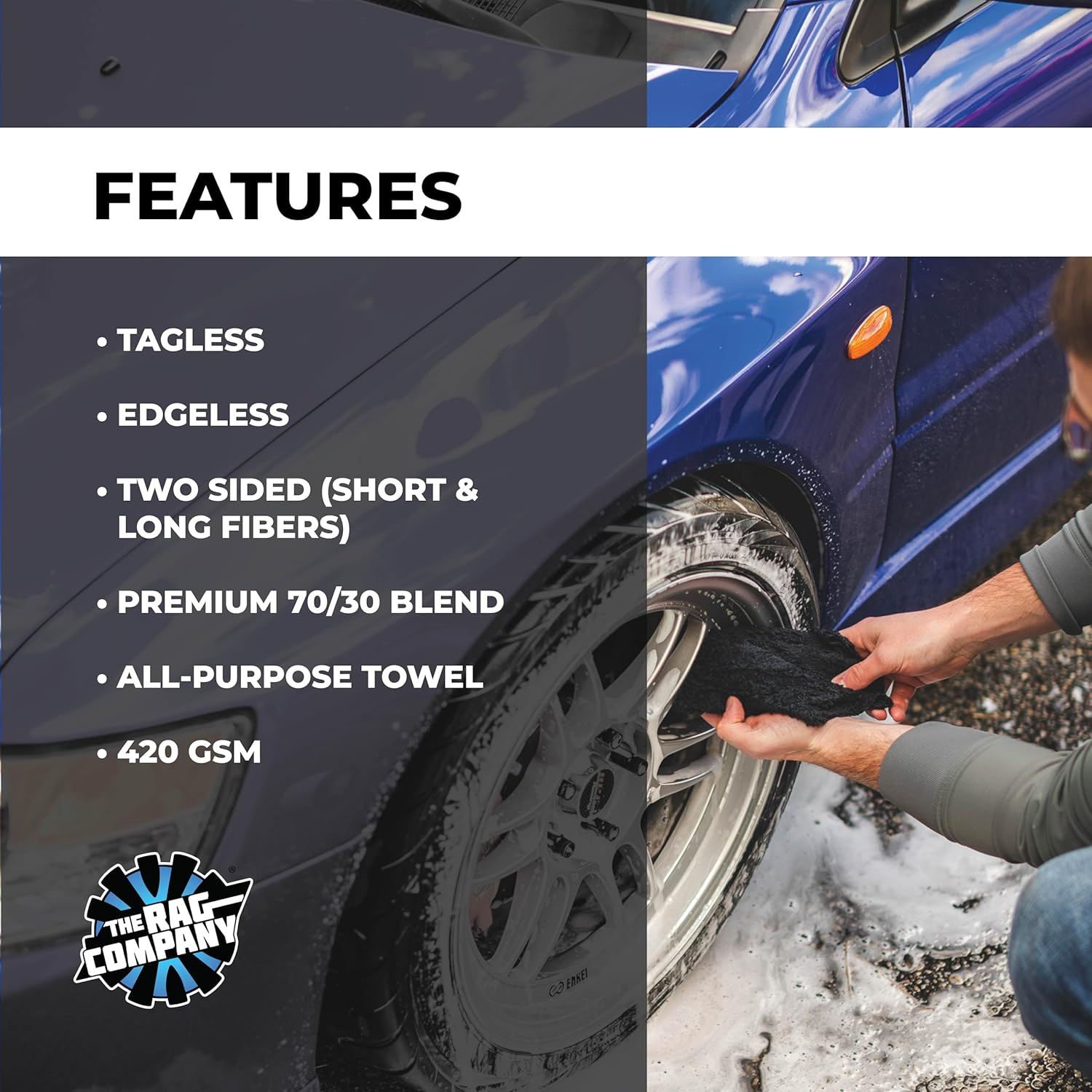 The Rag Company - Creature Edgeless Auto Detailing Towels (10-Pack) Professional 70/30 Blend, Dual-Pile Plush Microfiber, Buffing & Polishing, 420Gsm, 16In X 16In, Black