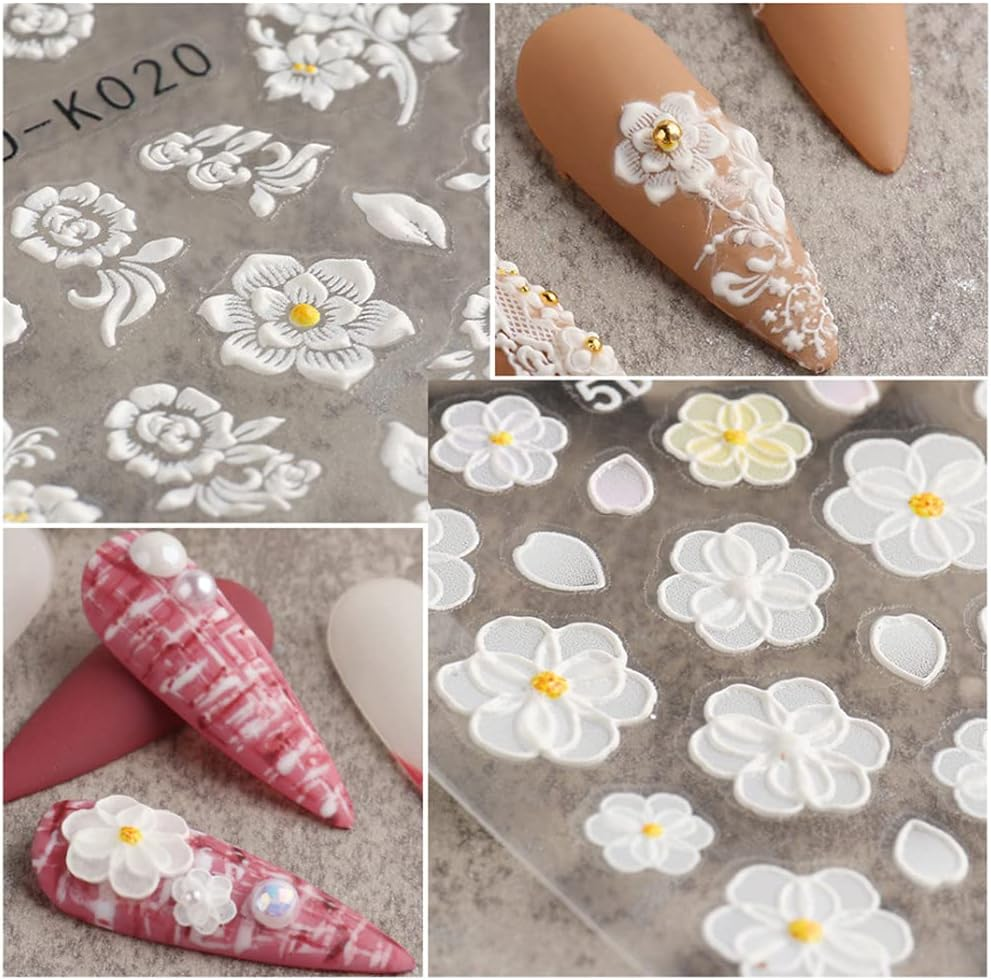 5D Stereoscopic Embossed Nail Art Stickers White Flower Nail Decals Relief Self-Adhesive Butterfly Nail Stickers Nail Art Supplies Nail Designs for Women DIY Acrylic Nail Decorations (3 Sheets) image number 4