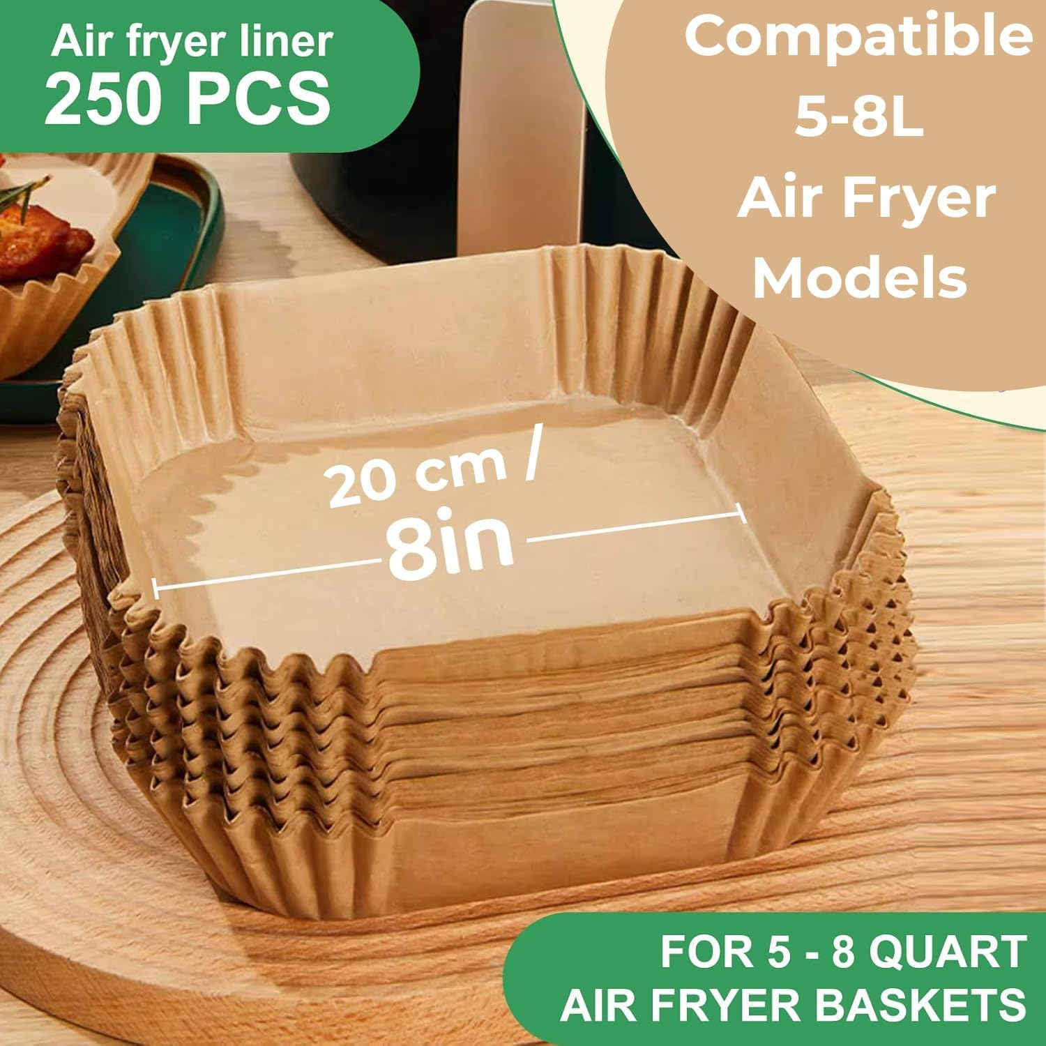 250 Pcs Air Fryer Liners Square 20-25 Cm Disposable Air Fryer Paper for 5&ndash;8 Litre Airfryers, Non-Stick Adjustable Fit for Philips, Ninja, Tefal, Oven & Microwave Oil Free Cooking - 5-8 Inch image number 1