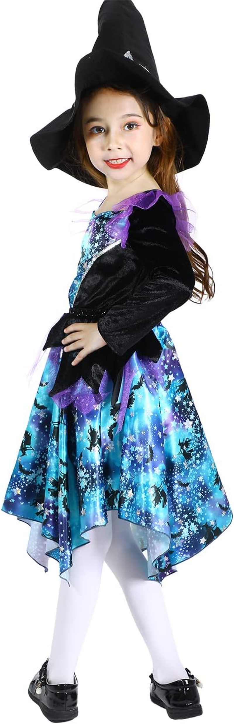 Children'S Halloween Witch Costume, Sparkling Blue Witch Dress with Hat, Halloween Witch Dress for Girls 7-8 Years image number 6