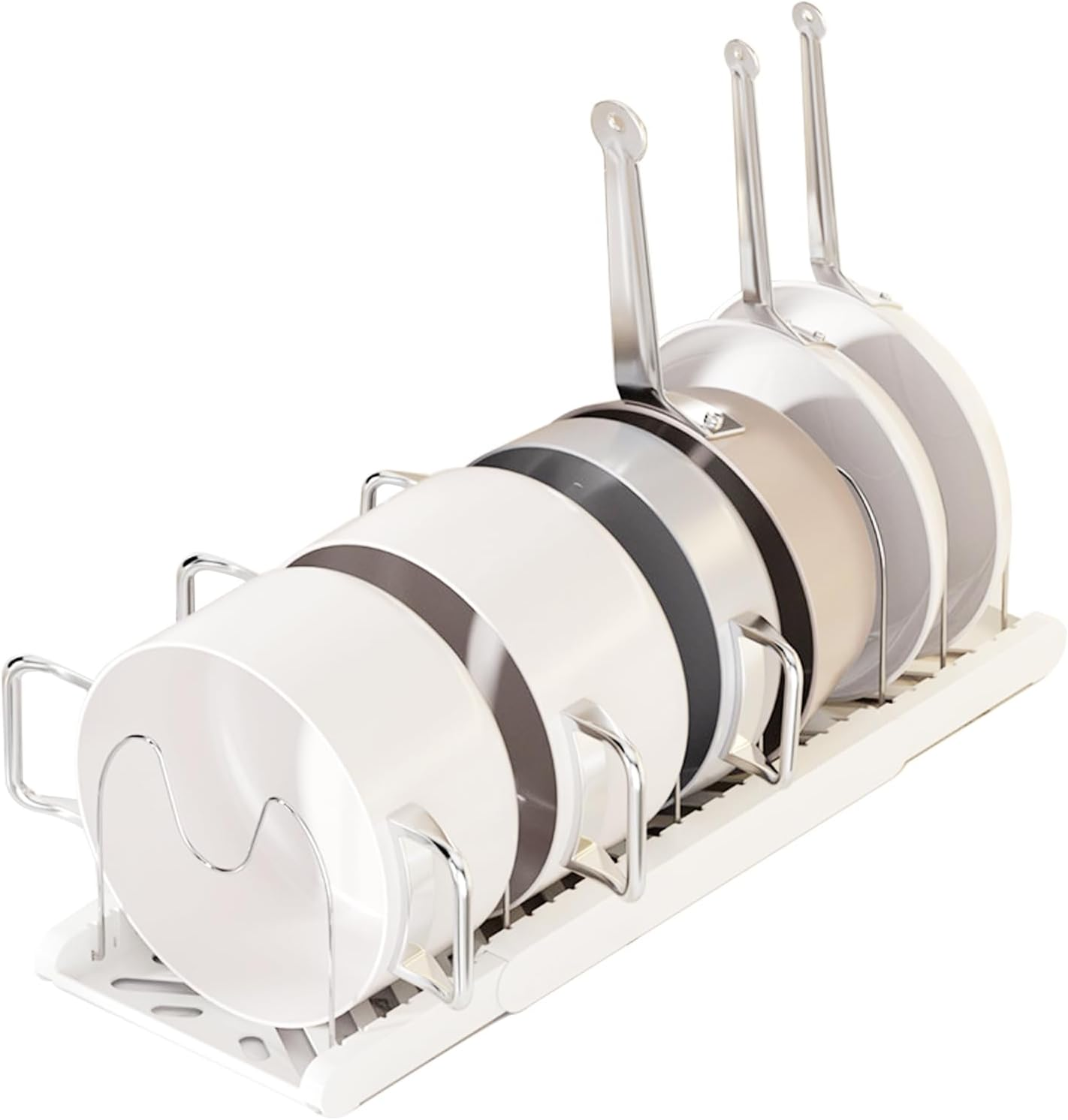 Pots and Pans Organiser, Expandable Pans Organizer Rack, 7 Adjustable Compartments, Cookware Holder for Pantry or Cabinet, White image number 5