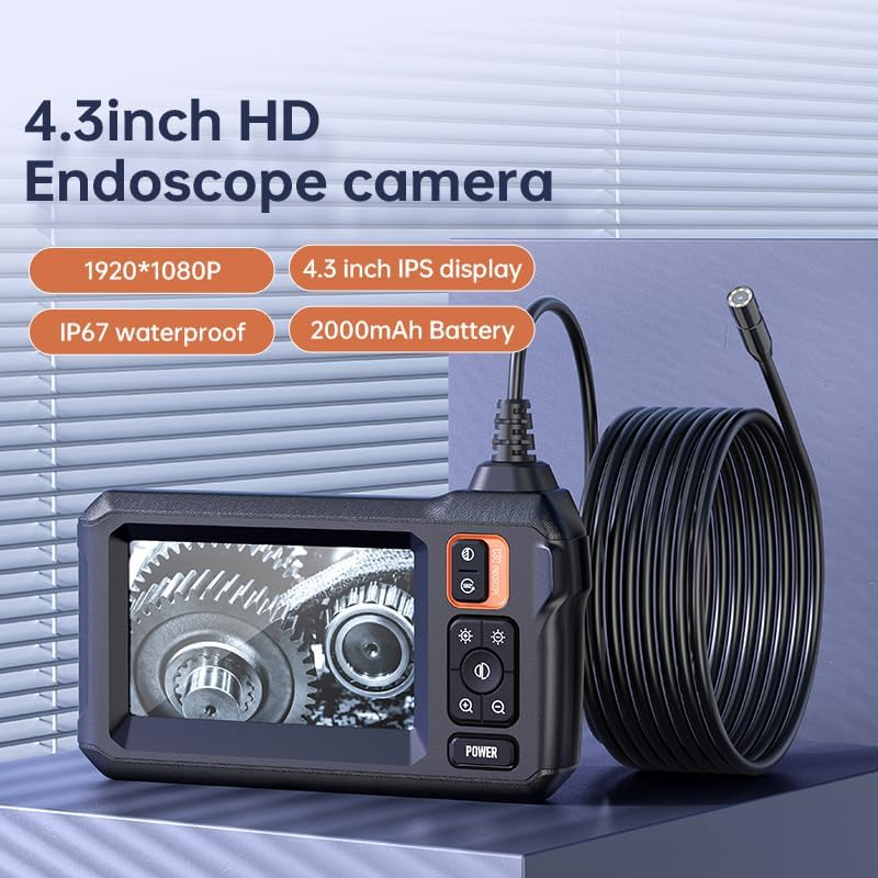 Endoscope Camera 4.3" HD IPS Dual-Lens with 8 LED Lights, IP67 Waterproof Inspection Camera, 5M Semi-Rigid Cable Borescope, Plug & Play for Automotive/Plumbing/Mechanical/Pipe Inspection