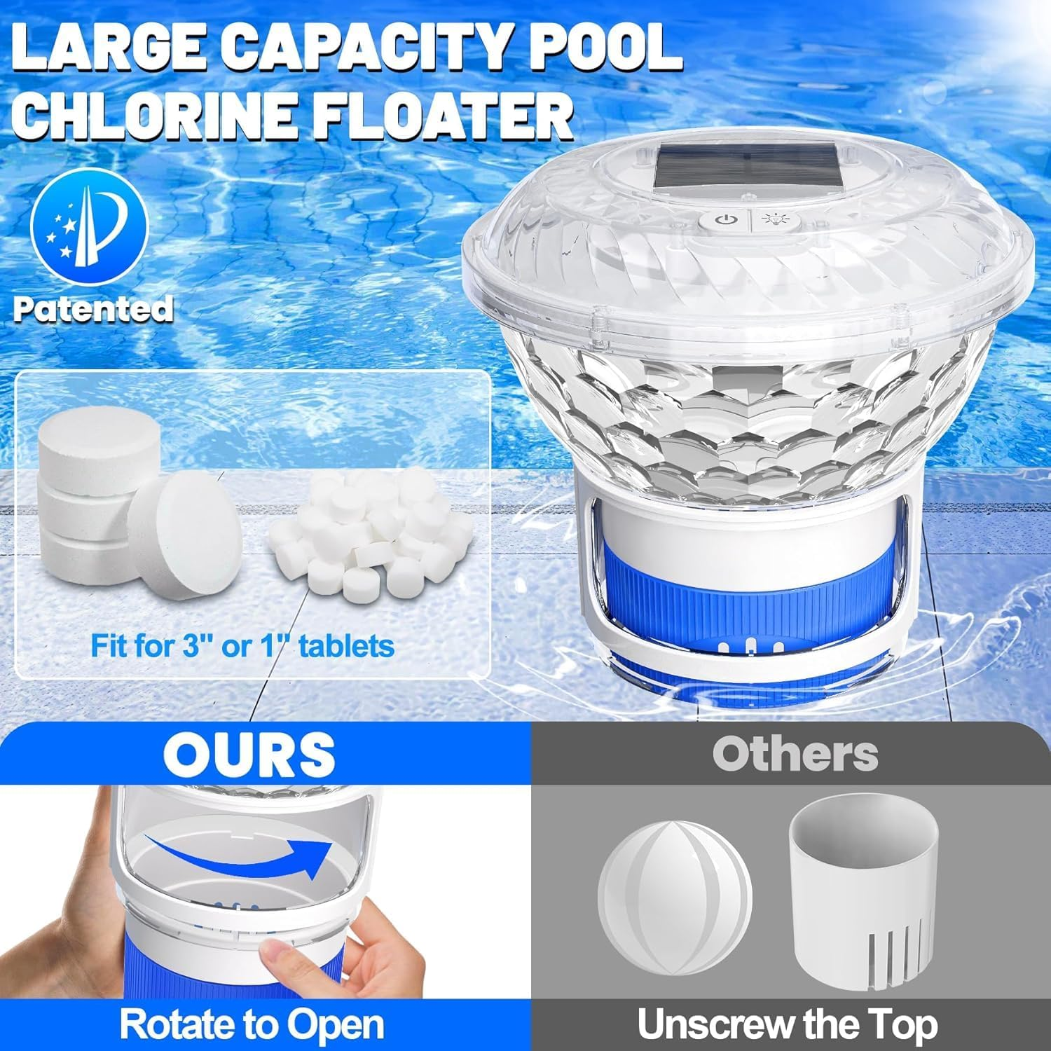 2025 Upgrade Solar Pool Chlorine Floater with Colorful Light Show, Easy Opening, Buttons Control Floating Chlorines Dispenser for Pool, Adjustable Flow Chlorines Floaters, Hot Tub Chlorines Floaters image number 5