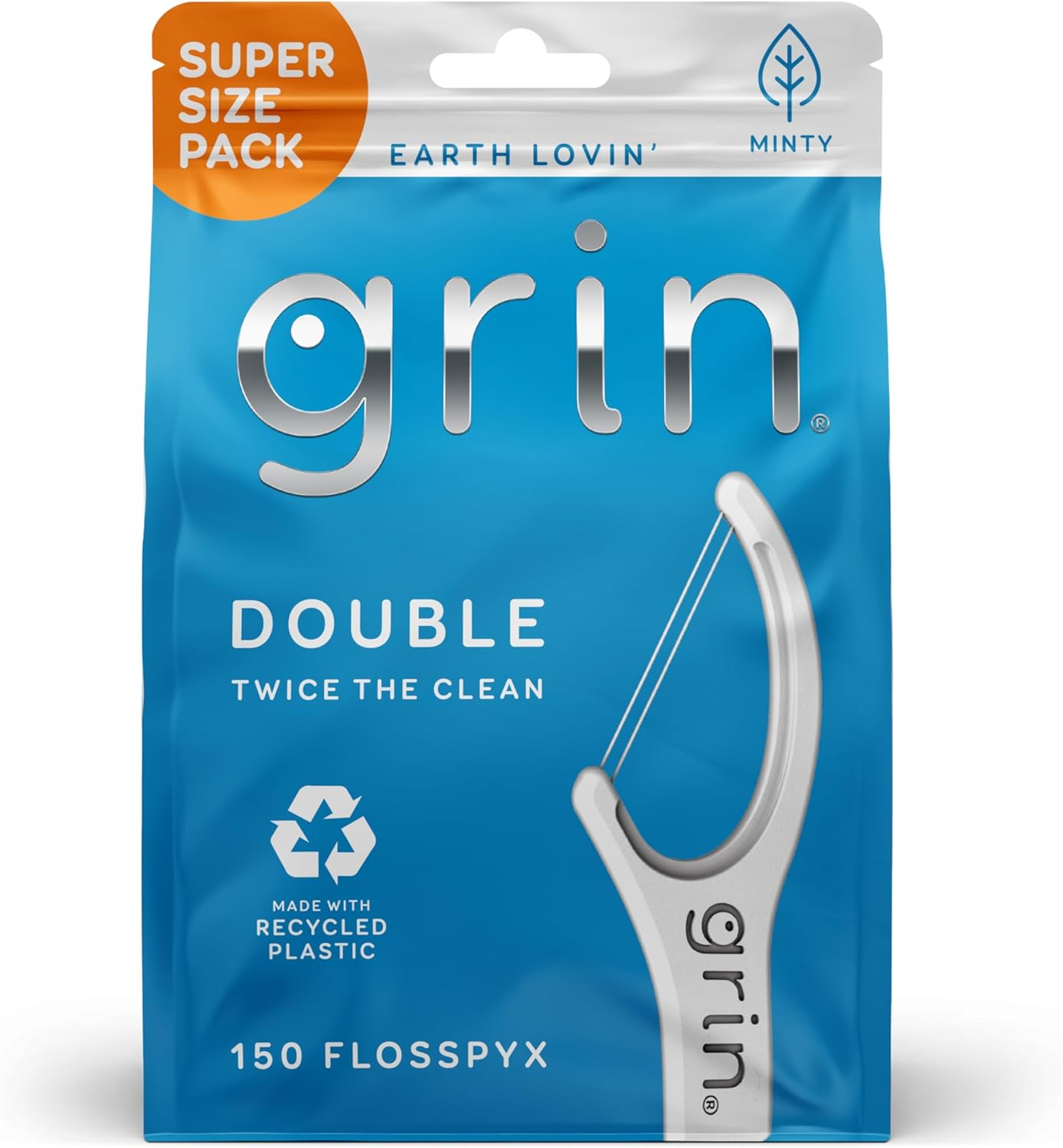GRIN Double Flosspyx, Floss Picks, 150 Ct, Dental Flossers, Minty Flavor, Recycled Plastic, 2 Lines of Strong Floss, Longer Floss Head, Traps Food and Plaque, Includes Safe Soft Fold-Back Tooth Pick image number 5