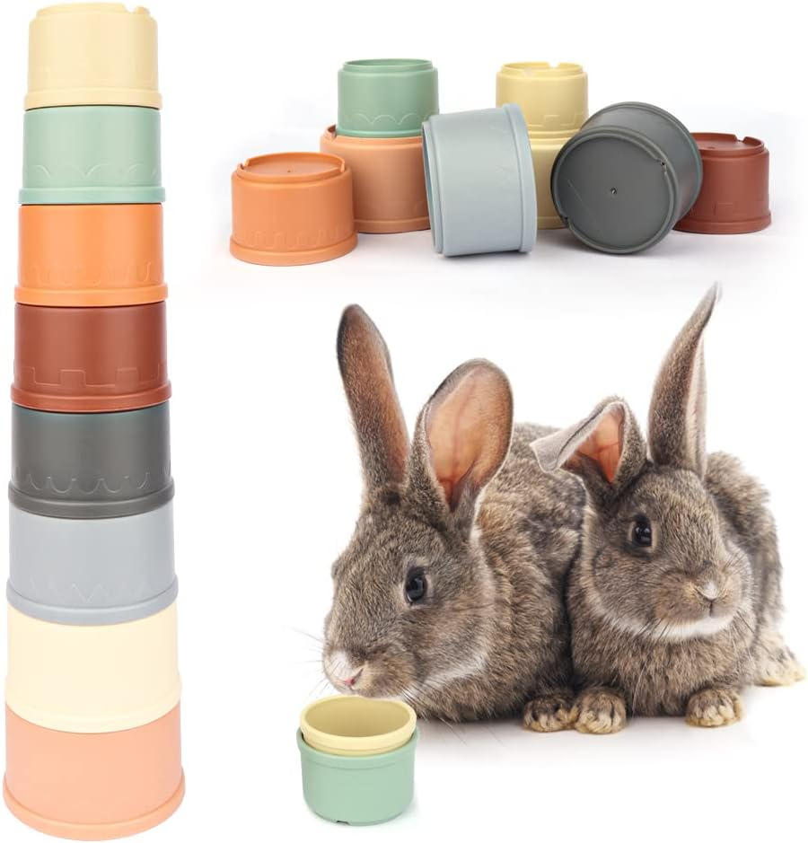 WALLFID 8 PCS Stacking Cups for Rabbits-Bunny Toys for Hiding Food and Playtime Fun,Bpa-Free Safe Plastic Pet Toys,Multi-Coloured and Various Sizes (Morandi Colour) image number 1