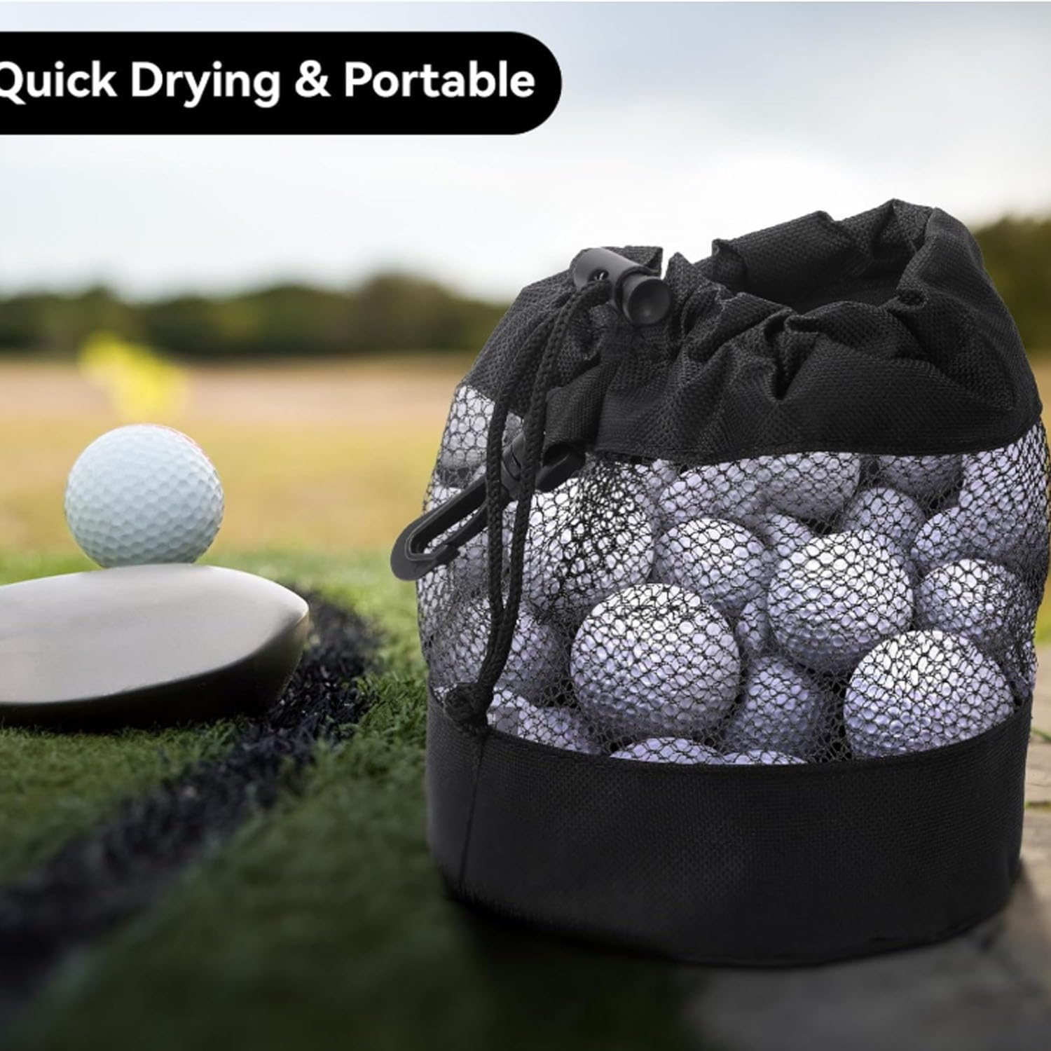 Golf Ball Storage Bag with Hooks 2 Pack, Durable Nylon Drawstring Pouch for Golf Accessories & Outdoor Sports Equipment (Black)
