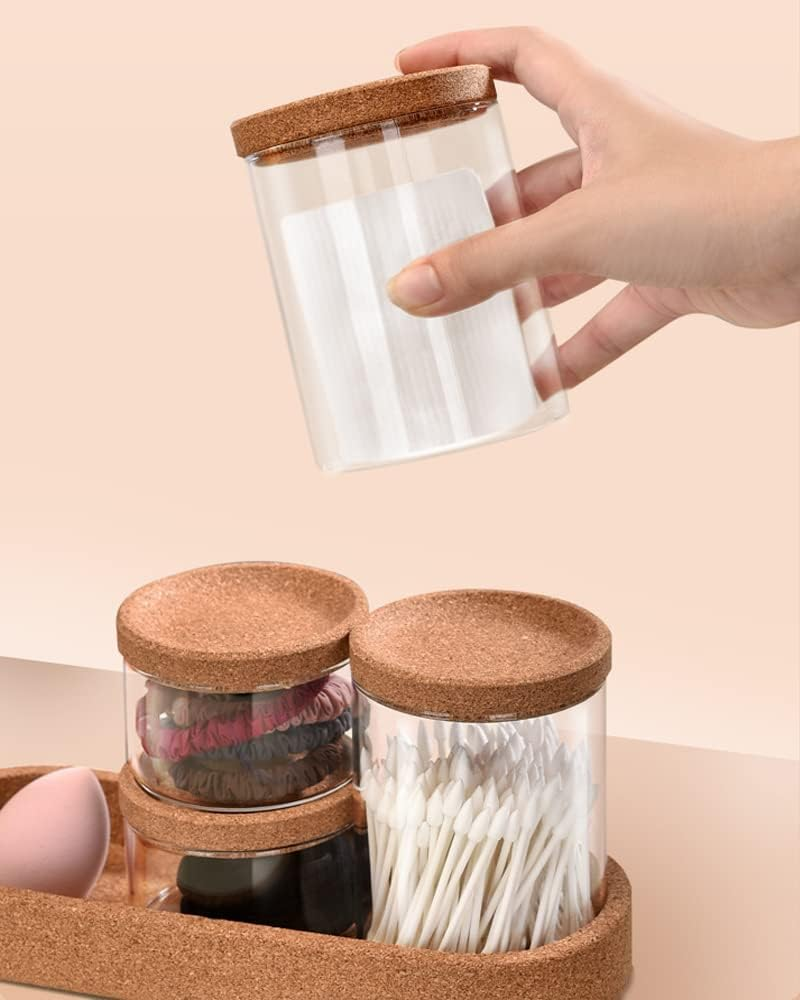 Bathroom Storage Organizer, 4 Pack Apothecary Glass Jars with Lids, for Cotton Swabs, Cotton Pads, Bath Salts, Makeup Sponges, and Hair Accessories(Glass&Tray) image number 1