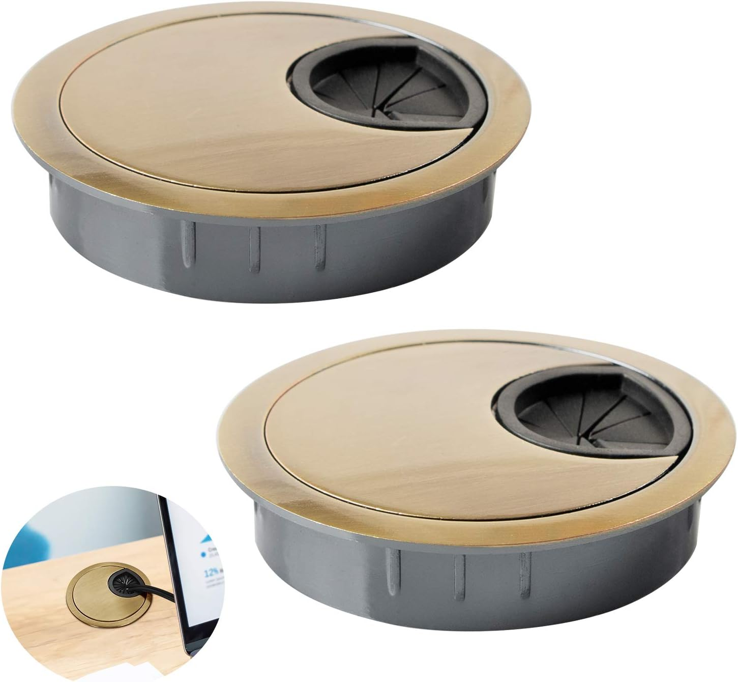 Aoozleny Desk Grommet for Wire Organizer,Pc Computer Desk Plastic Grommet Cord, Tidy Cable Hole Cover Organizers,2 Pack (60Mm, Gold) image number 2