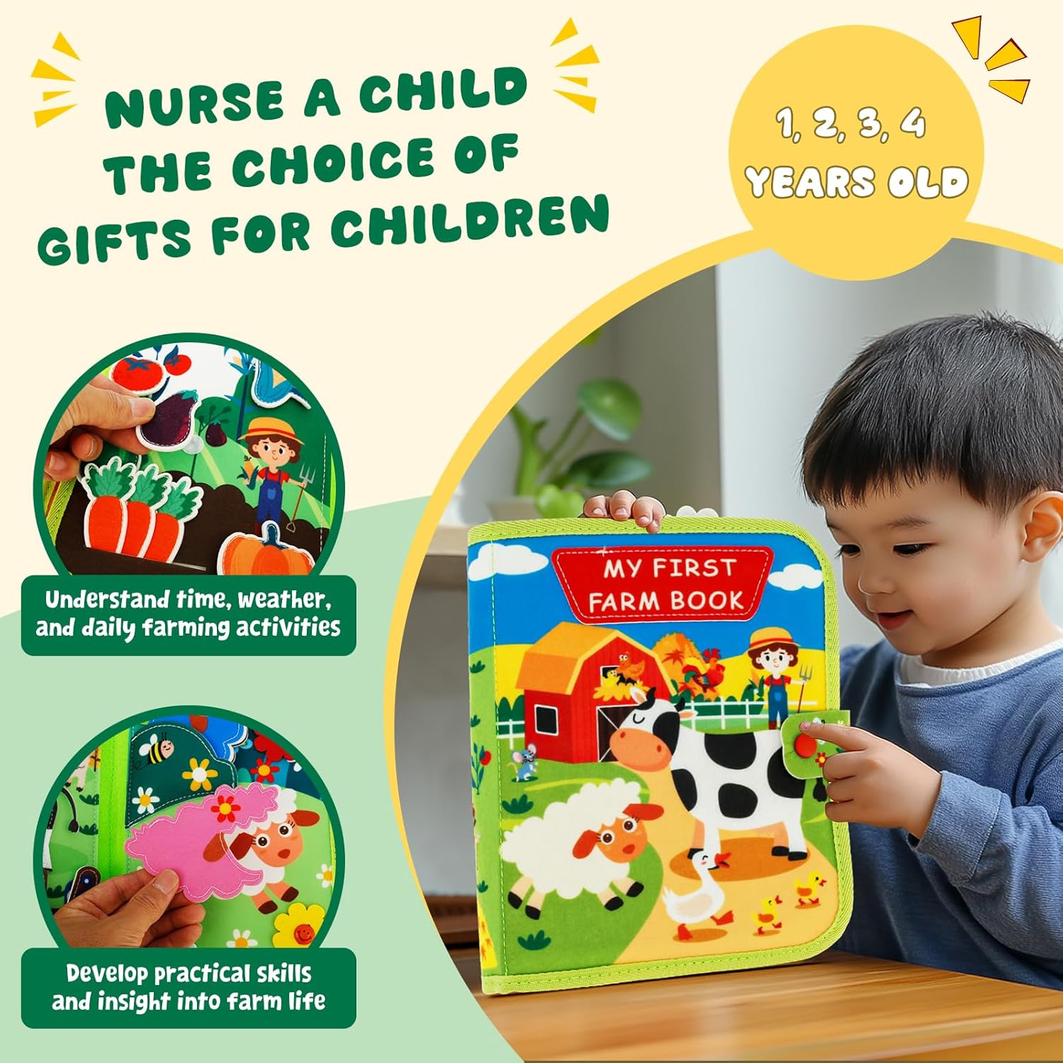 Busy Book for Toddlers 1-3, 18In1 Farm Animal Busy Book Travel Toys Montessori Quiet Books Preschool Learning Activities for Boys Girls Infants (Green- Farm) - Blue-With Handle image number 2