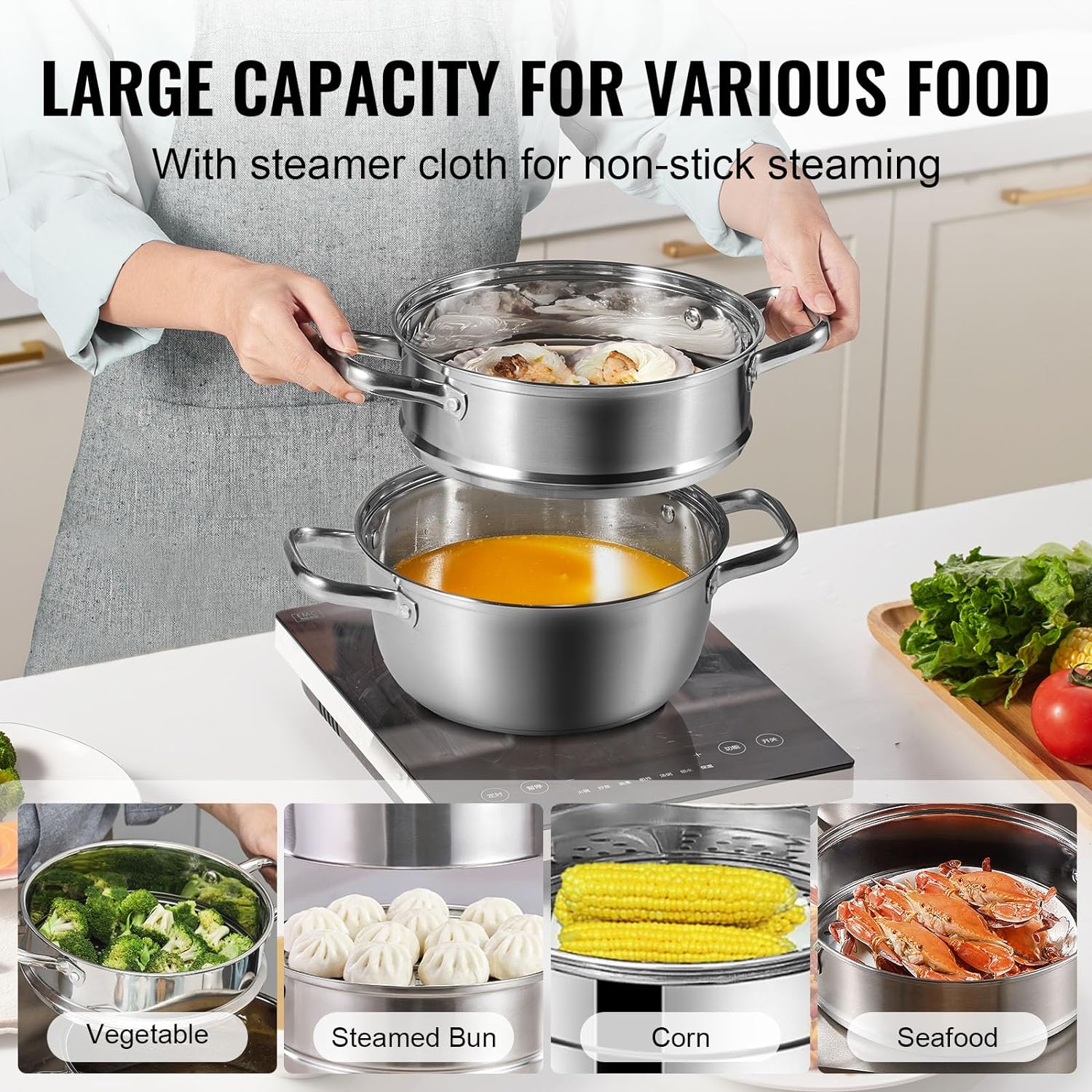 VEVOR Steamer Pot, 22Cm Steamer Pot for Cooking with 3QT Stock Pot and Vegetable Steamer, Large Capacity Stainless Steel Food Steamer Cookware with Lid for Gas Electric Induction Grill Stove image number 3
