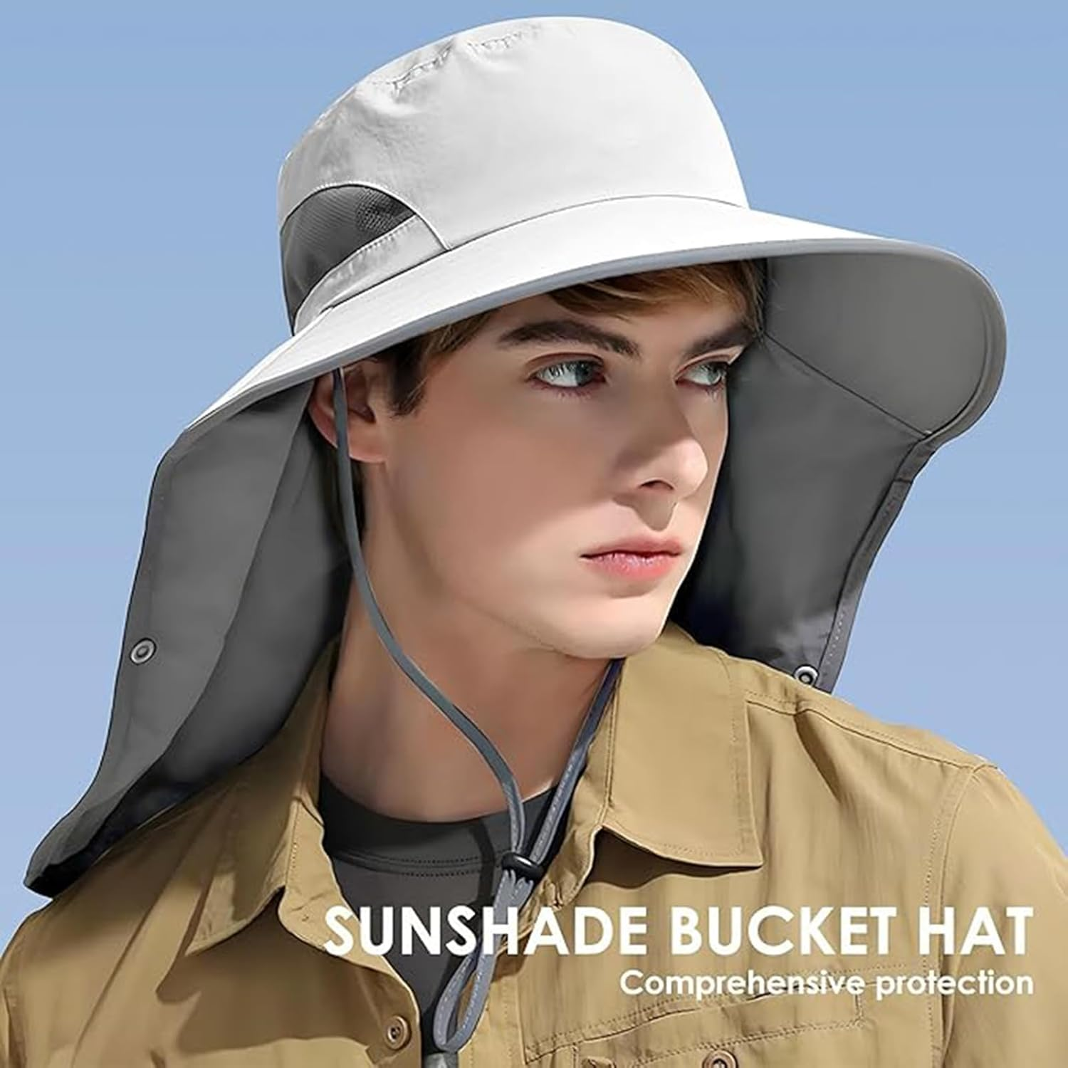 Outdoor Sun Hat Detachable Neck Face Flap UPF 50+UV Protection Visor Fishing Hats with Neck Flap for Men & Women Light Gray