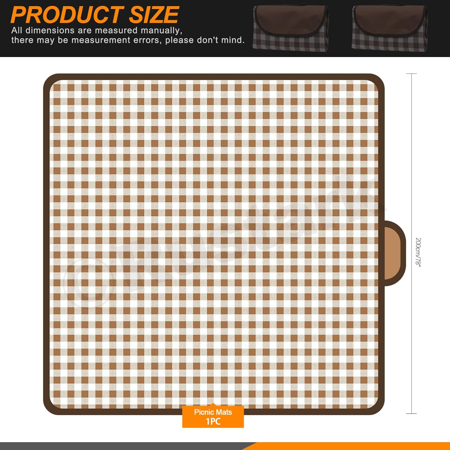 Rustark 79" X 79" Picnic Blanket Outdoor Picnic Mat Beach Blanket Extra Large Foldable Waterproof Portable Gingham Picnic Blanket Picnic Rug for Hiking, Beach, Camping, Park, BBQ and Music Festivals - Coffee Plaid image number 3