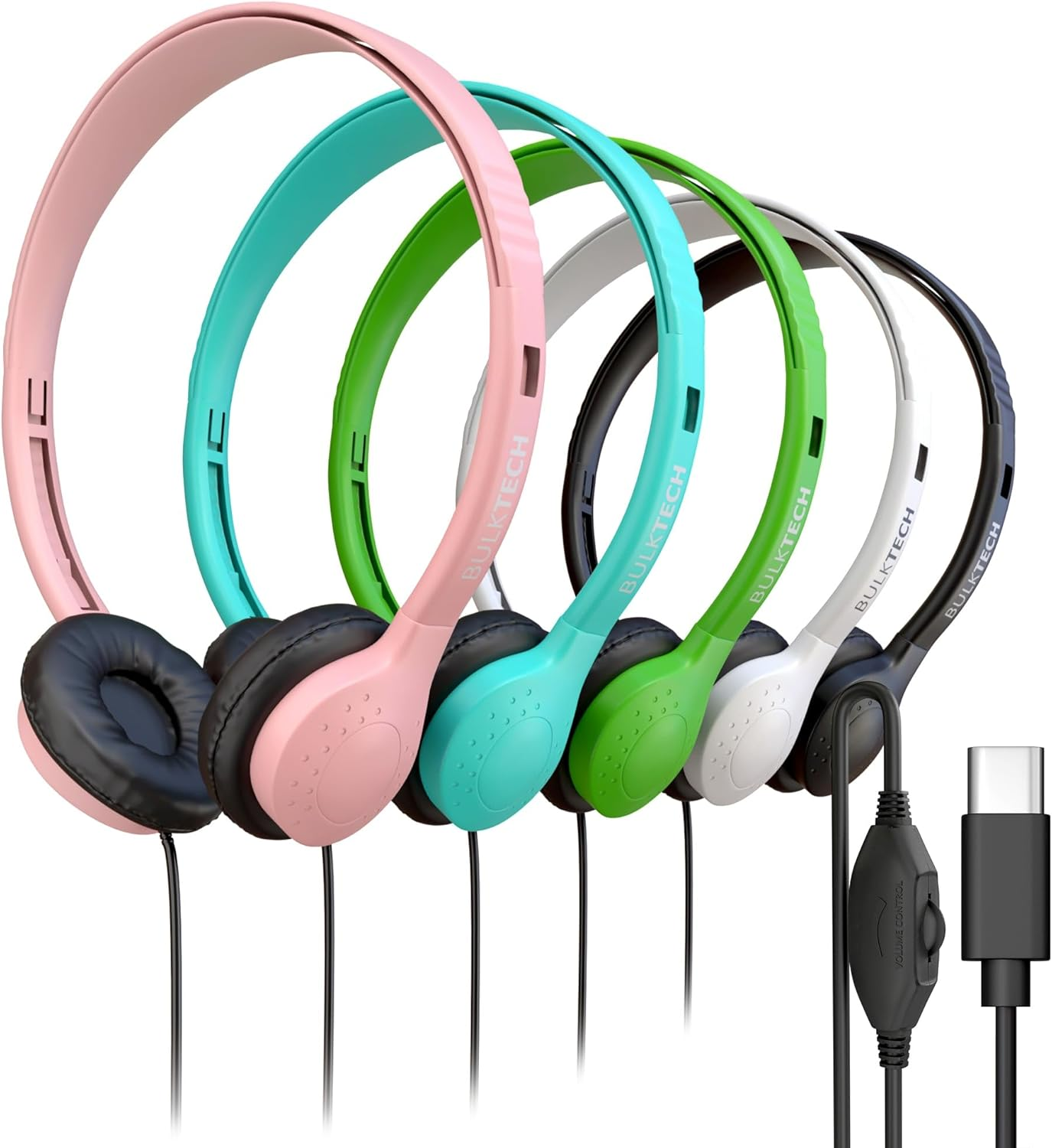 5 Pack Bulk Wired Headphones, Leather, USB-C, On-Ear, Volume Control, Compatible with Phone, Tablet, Laptop, PC for School, Class, Meeting, Conference, Test, Mix