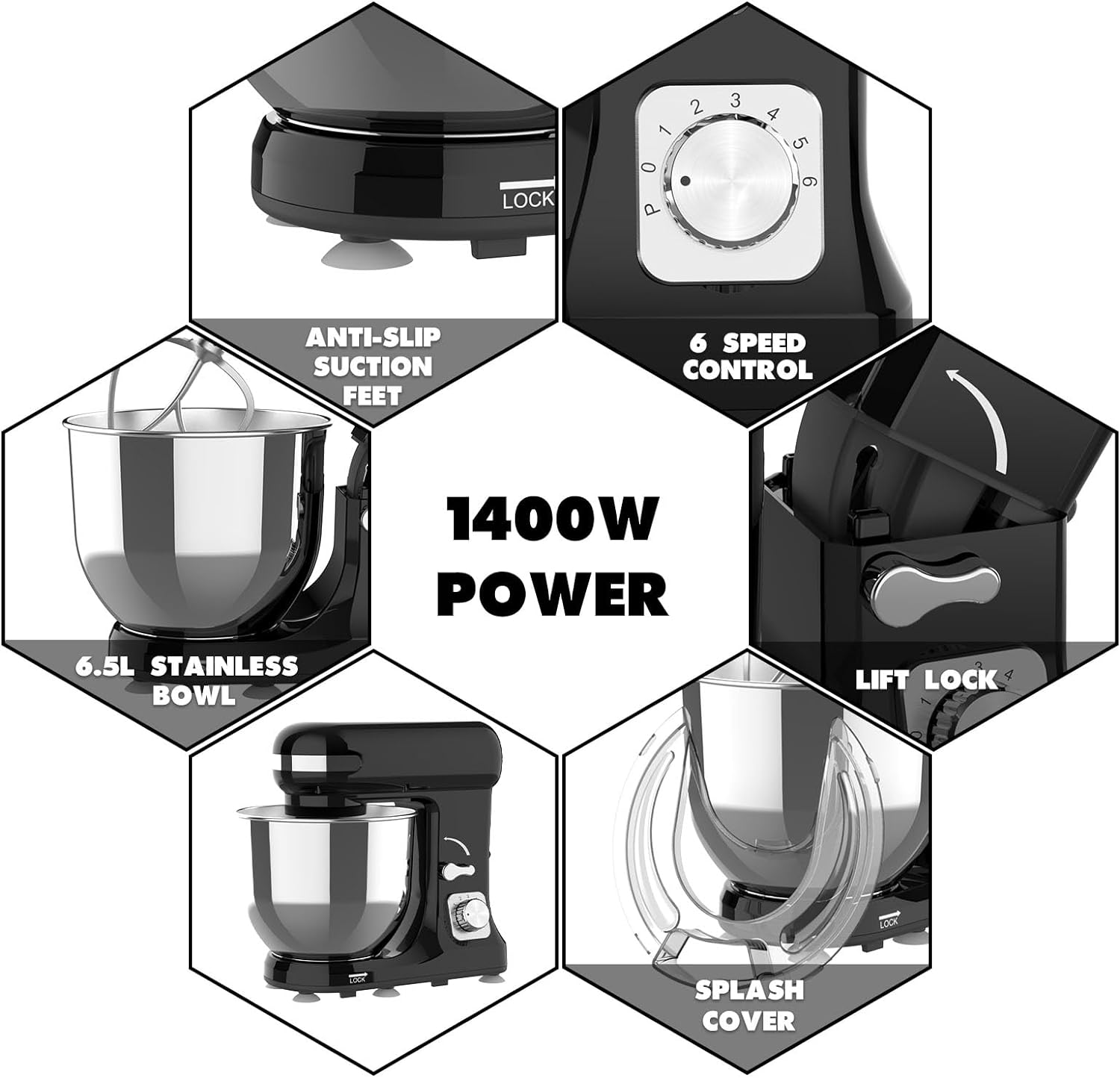 6.5L Stand Mixer, Black Electric Food Mixer, 6-Speed Flour Grinder Minced Meat, Kitchen Machine with Dough Hook, Whisk & Beater (1400W) - Green image number 4