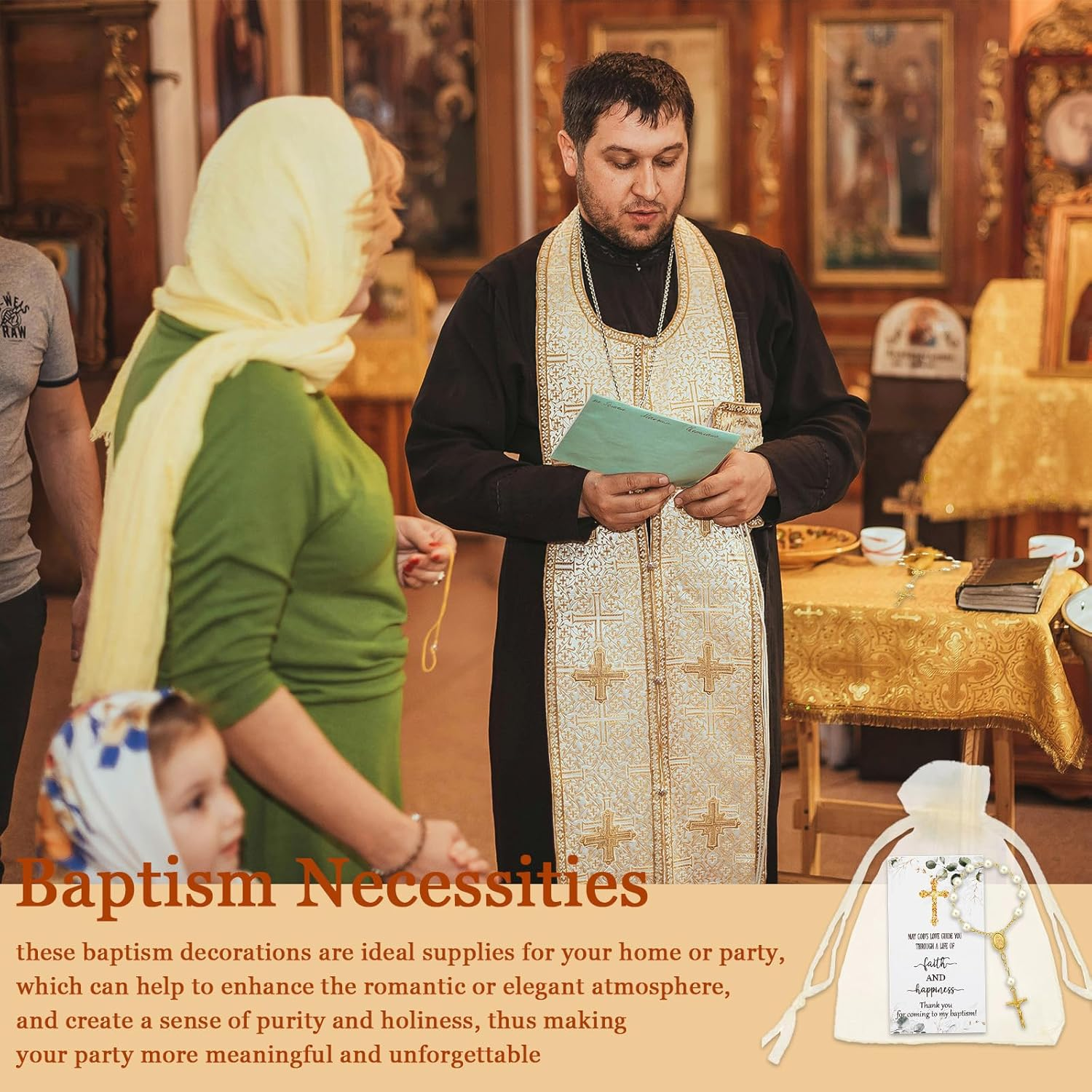 50 Sets Baptism Favors for Guests Acrylic Rosary Beads Faux Pearls Organza Gift Bags Thank You Cards Silver Angel Charm Keychain for Baptism Christening First Communion Party Supplies (Gold)