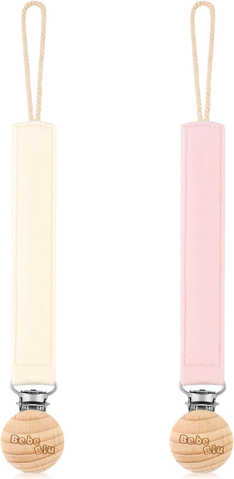 Dummy Clip, 2 Pack Fabric Pacifier Clips, Super Soft Fabric Strap with Wooden Clip, Pacifier Clip Newborn Essentials (Cream/Sage)