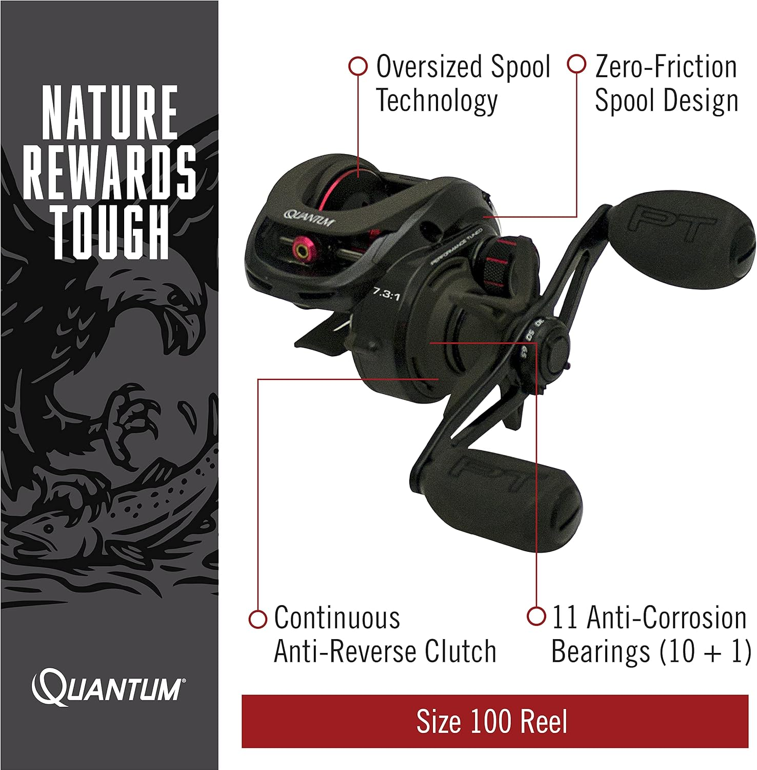 Quantum Smoke Baitcast Fishing Reel, Size 100 Reel, Large EVA Handle Knobs and Continuous Anti-Reverse Clutch, 10+1 Bearings, Black image number 3