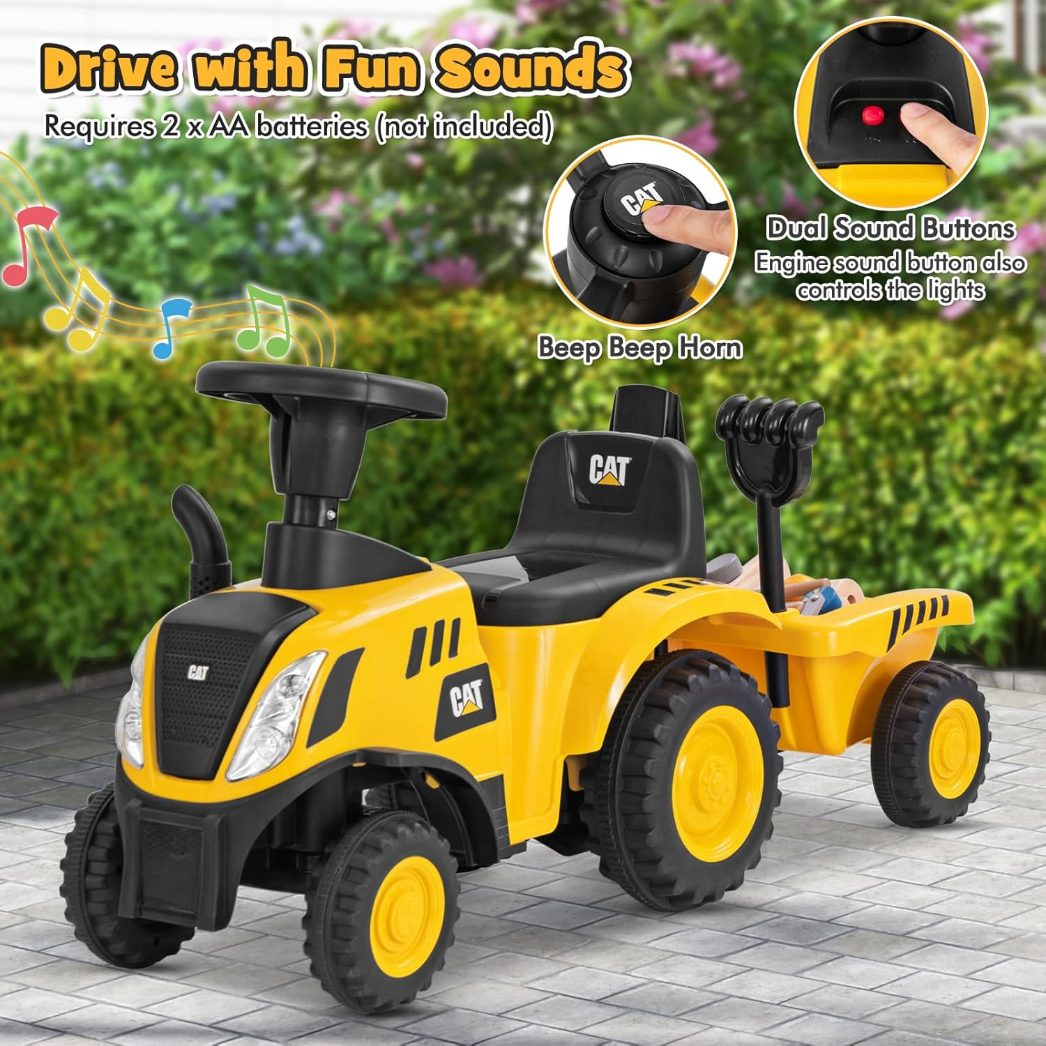 HONEY JOY Kids Ride on Tractor, Licensed Caterpillar Foot to Floor Sliding Car with Detachable Trailer, Shovel, Rake, Horn, Engine Sound, LED Lights & 6 Wheels, No Power Walking for Aged 1.5-3