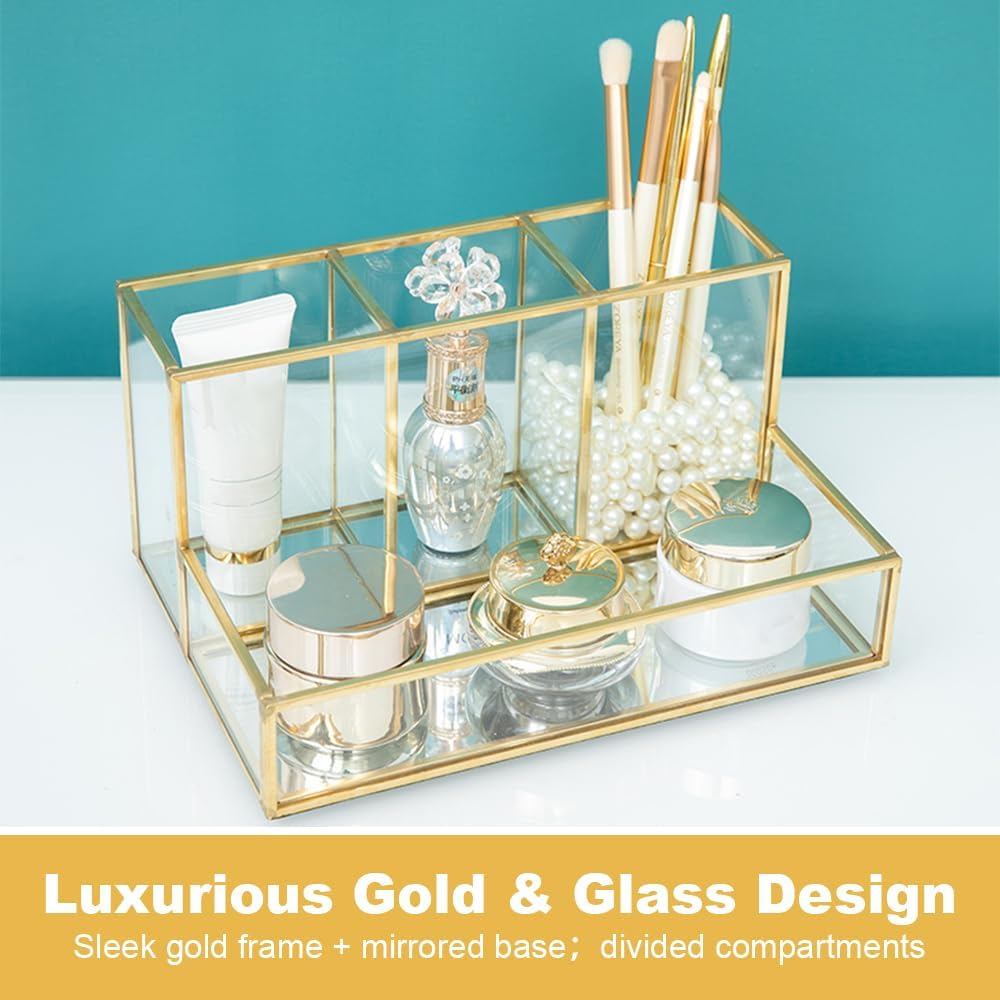 Makeup Organizer, Gold Glass Cosmetic Box, Makeup Brush Organizer Holder, Beauty Organizer Holder, Large Capacity Cosmetic Display Case for Perfume, Jewellery, Brushes image number 3