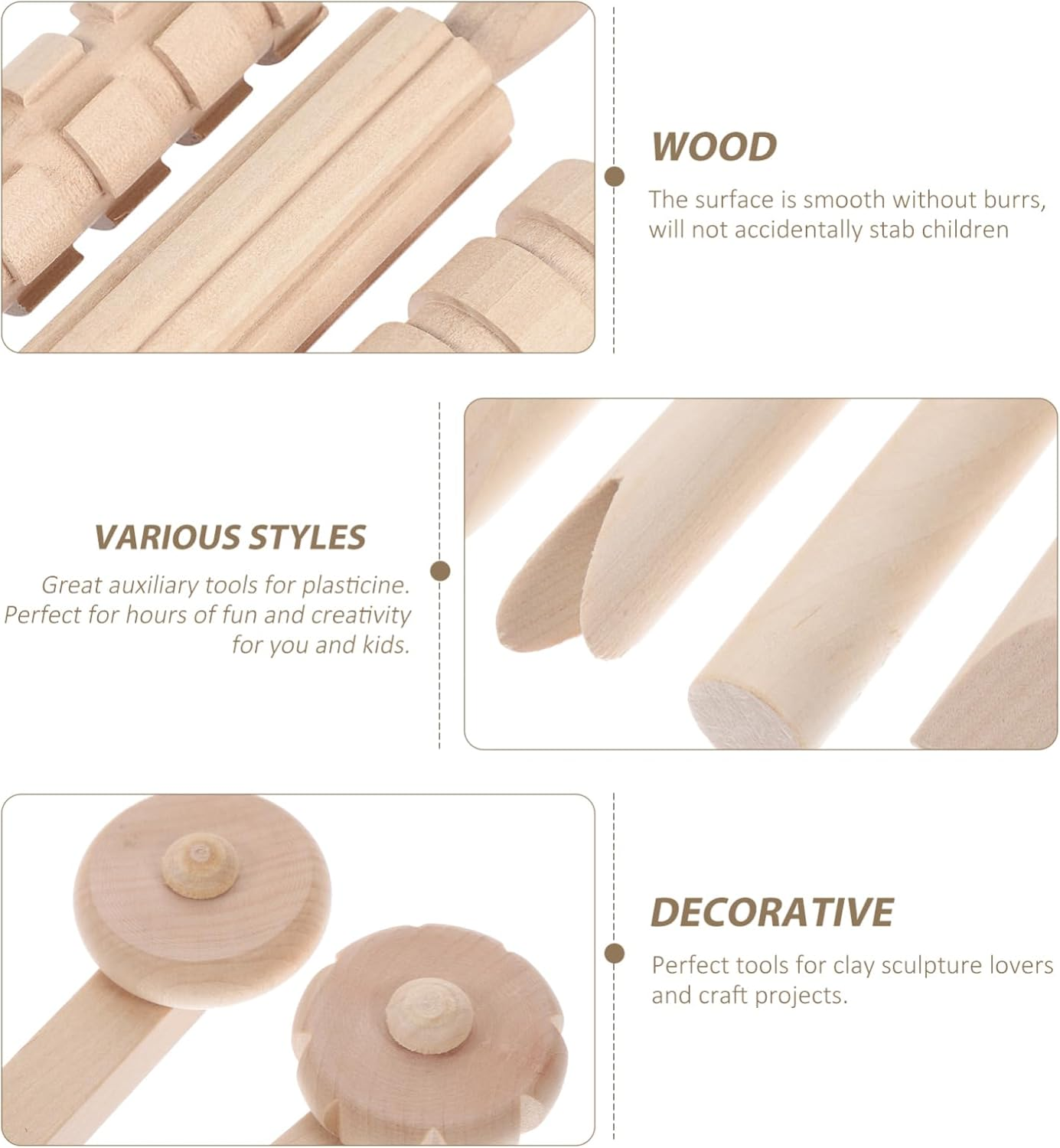 12Pcs Wooden Tools Set - Smooth & Safe Clay Shaping Tools for Kids DIY Craft, Compatible with Plasticine, Air-Dry Clay, Polymer image number 1