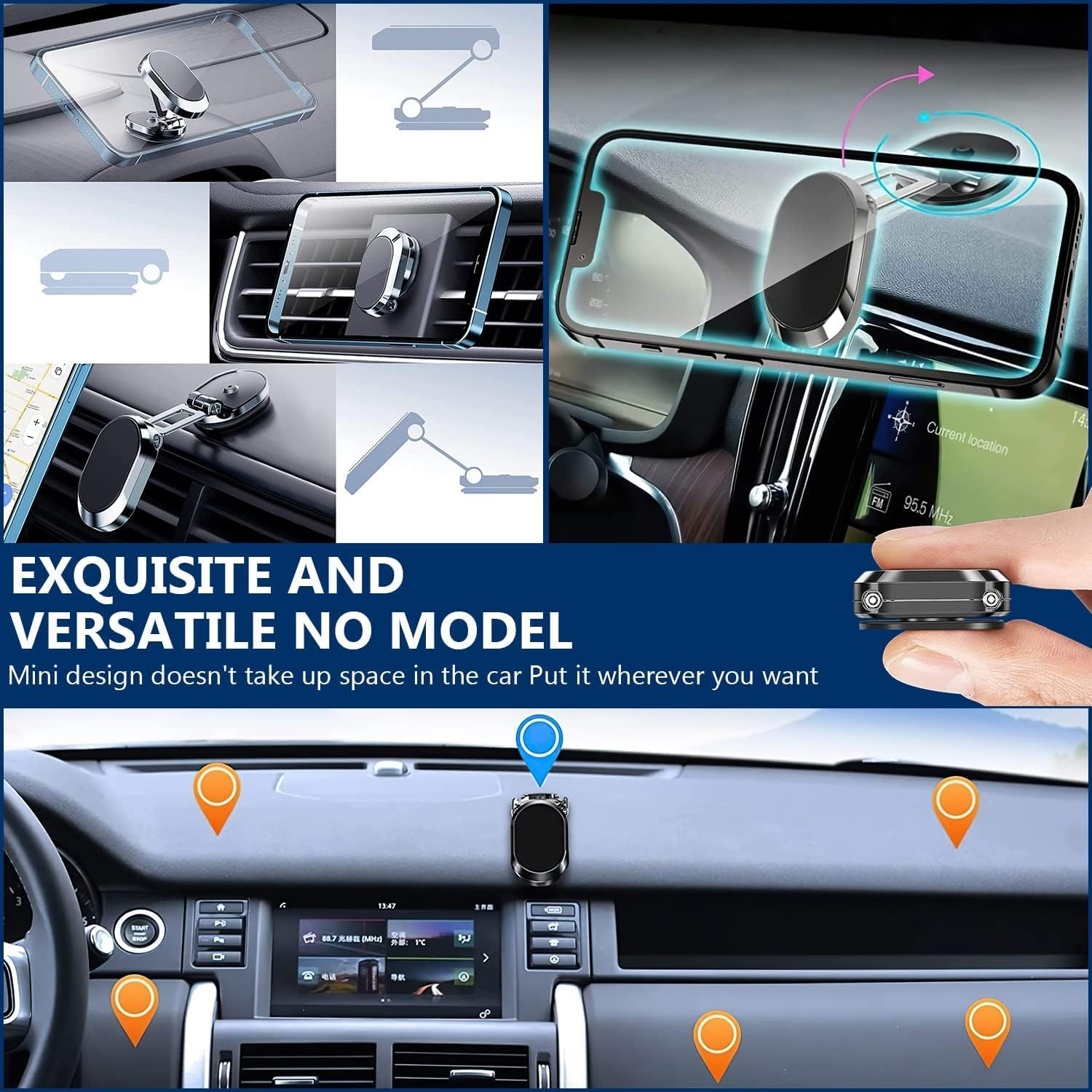 2 Pack Alloy Folding Magnetic Car Phone Holder, Magnetic Phone Holder for Car, 360&deg; Rotation Magnetic Cell Phone Holder Bracket Magnetic Dashboard Phone Car Mount for All Smartphone(Black+Silver) image number 3