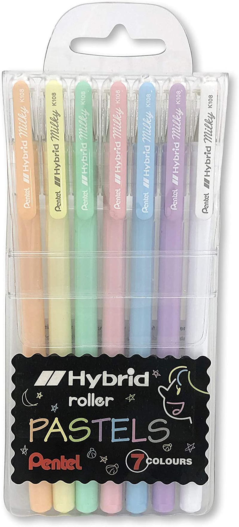 Pentel Hybrid Milky 0.8 Medium Nib Wallet of 7 Assorted Colours (K108-7)