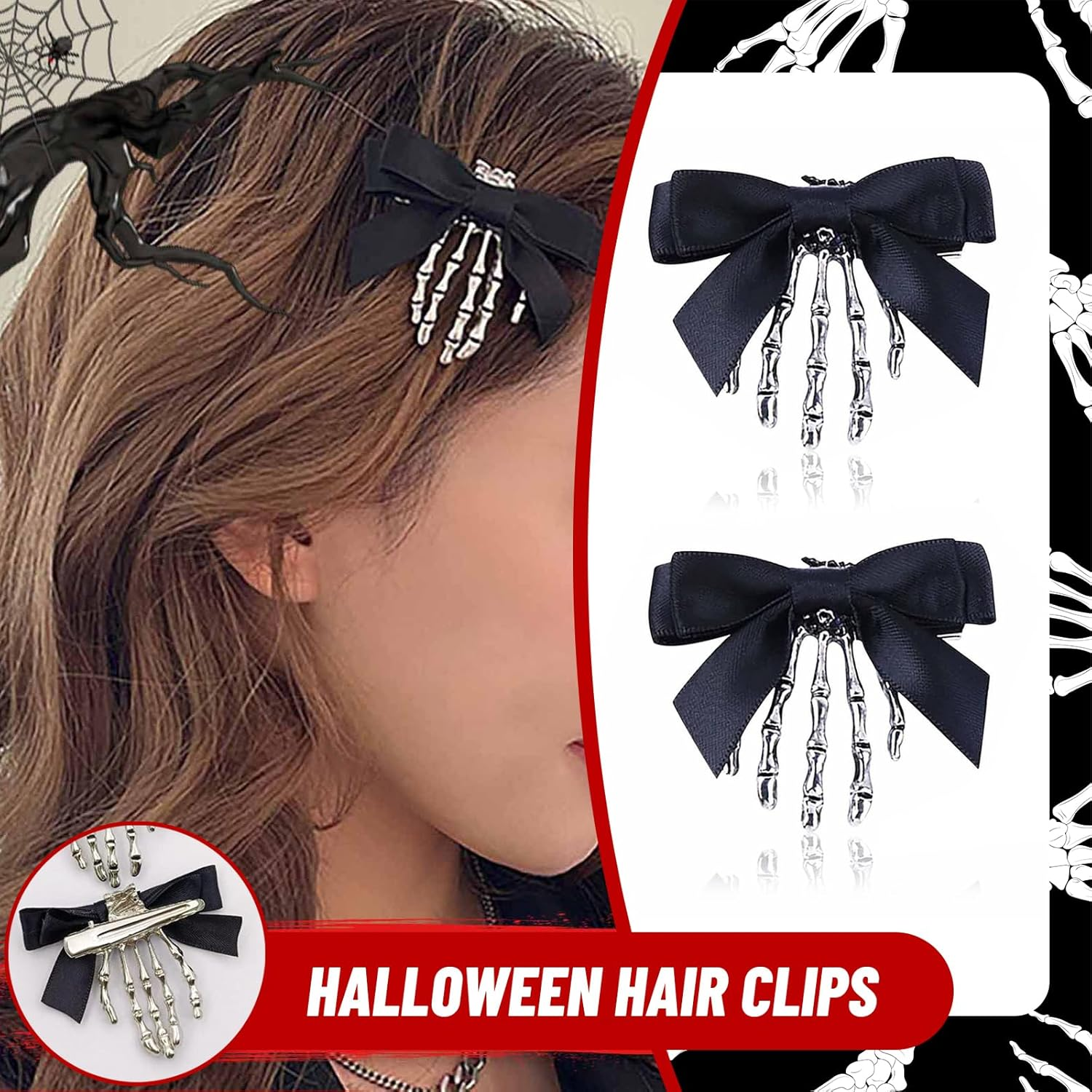 Charmburst Pack of 2 Skeleton Hand Hair Clips with Bow, Skull Hair Claw for Girls, Gothic Hair Accessories, Spider Hair Clip, Emo Y2K Accessories, Spider Web Claw Clip image number 3