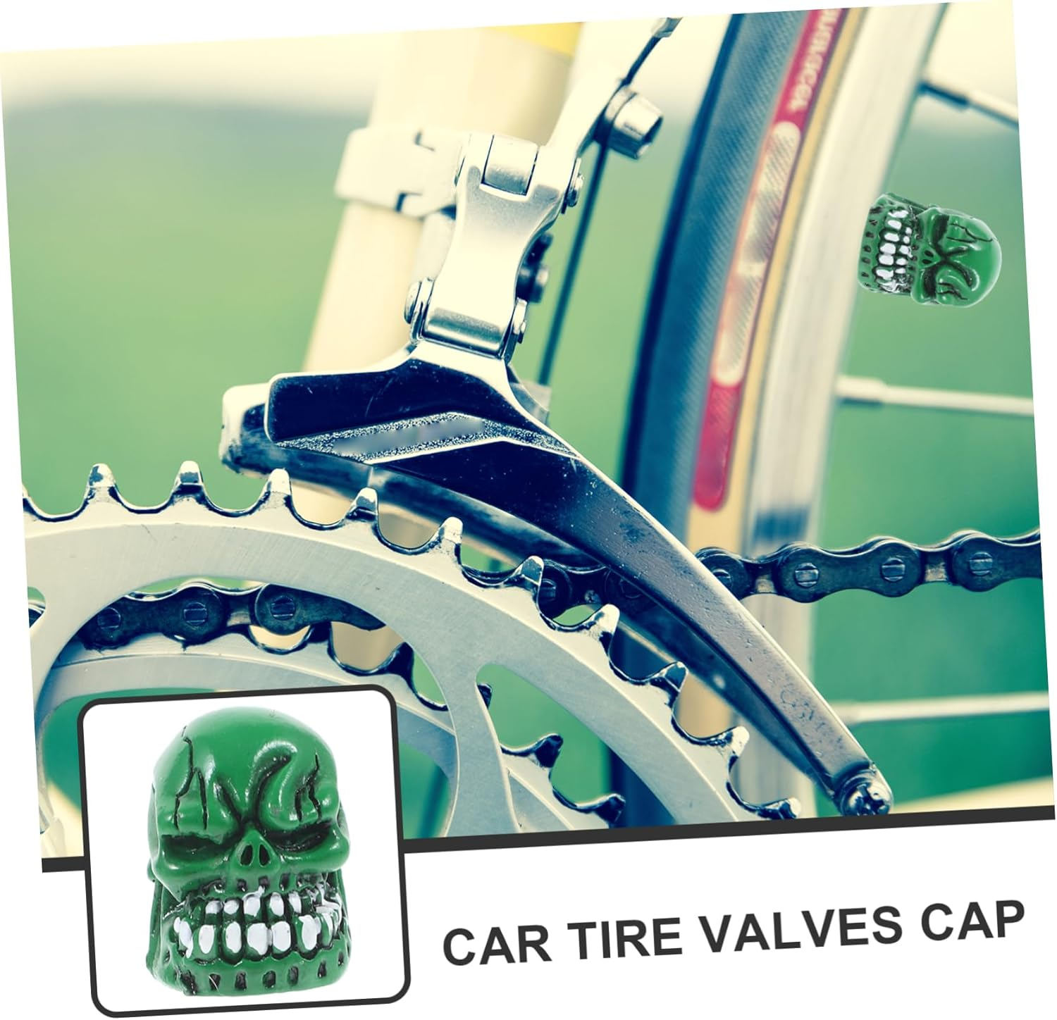 GOOHOCHY 4Pcs Green Skull Car Tire Valve Caps Bike Motorcycle Valve Stem Covers Decorative Air Nozzle Caps for Automotive Wheels Accessories