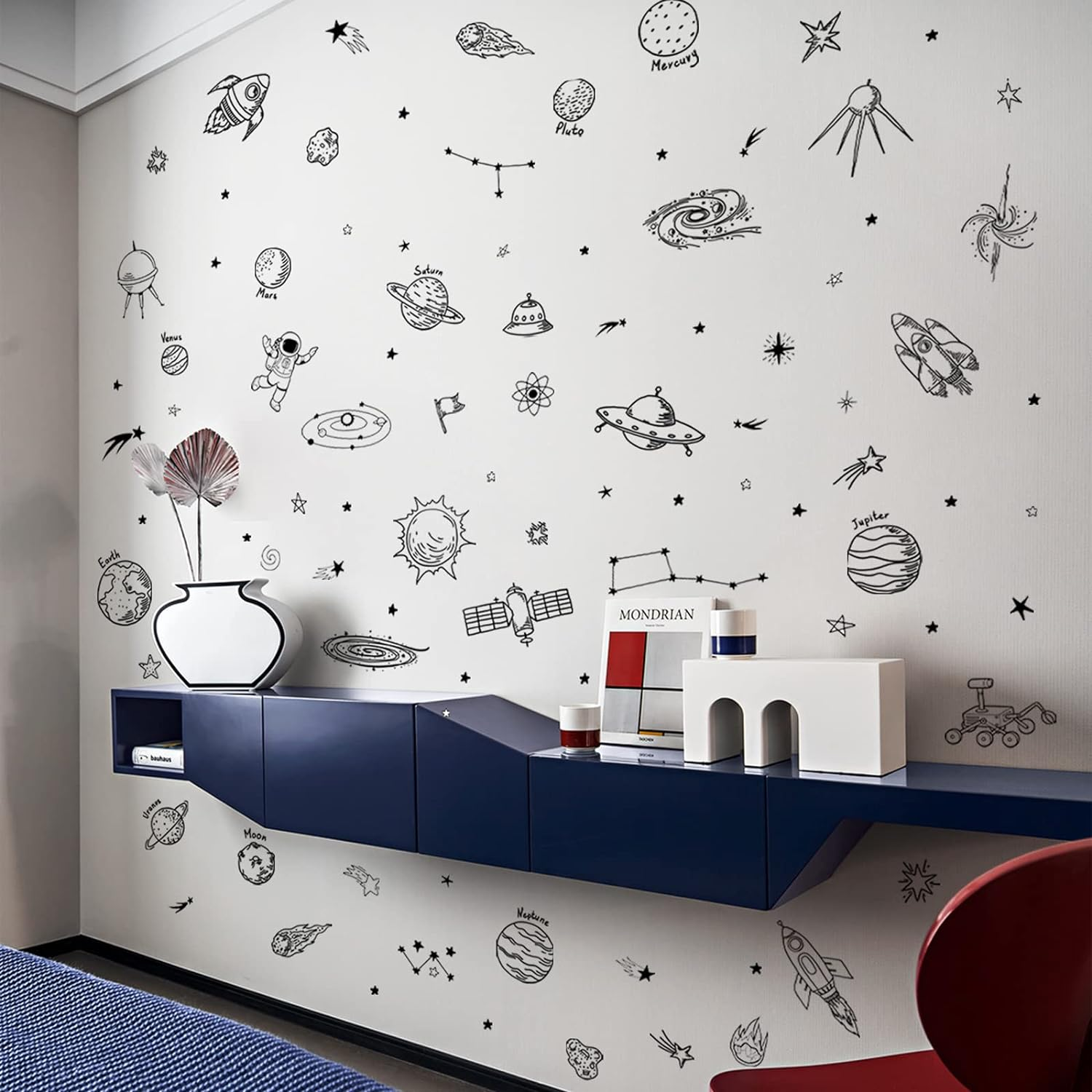 Maydahui Outer Space Stars Planets Wall Stickers Rockets Astronaut Vinyl Wall Decals (47" X 51") Peel & Stick Removable Boys Room Wall Decor Decals for Kids Bedroom Nursery Classroom (Black) image number 3