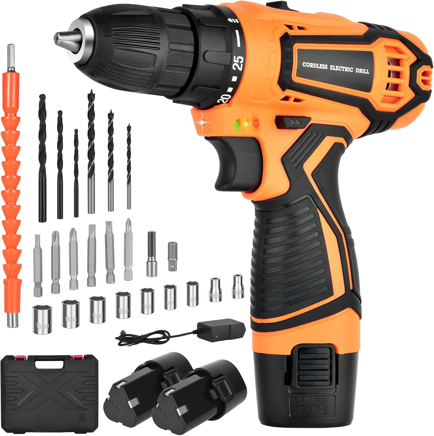 Cordless Drill Driver 21V: Powerful Cordless Drill Set with 2 Batteries 2.0Ah, 25+3 Torque, 24PCS Drill Bits, 2 Speed, LED Light for DIY Project