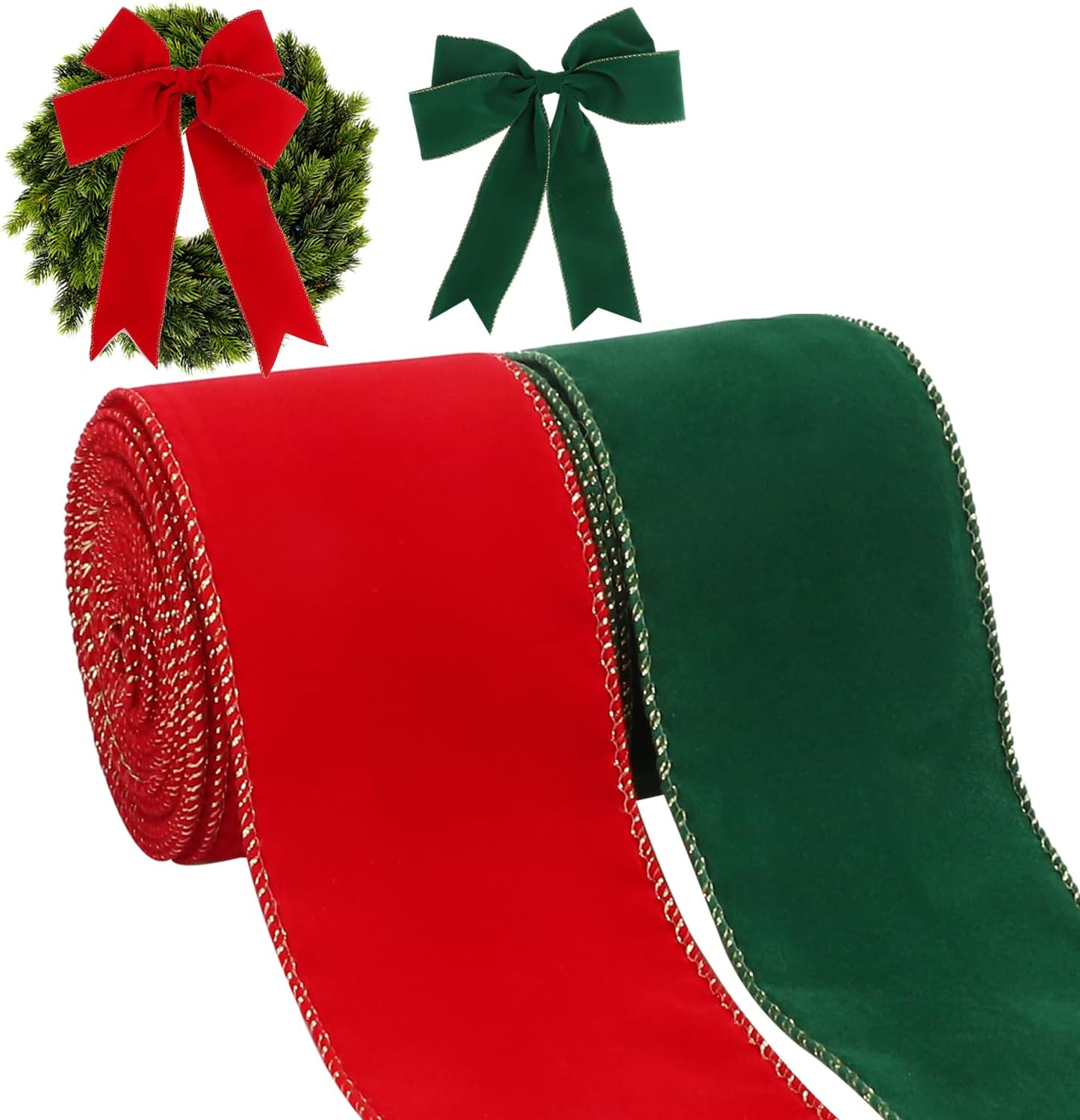 2 Rolls Christmas Wired Ribbon, 2.5 Inch X 10 Yards Red Green Velvet Xmas Ribbon with Gold Edge Vintage Christmas Ribbon for Christmas DIY Craft Home Garland Bow Door Wreath Decorations