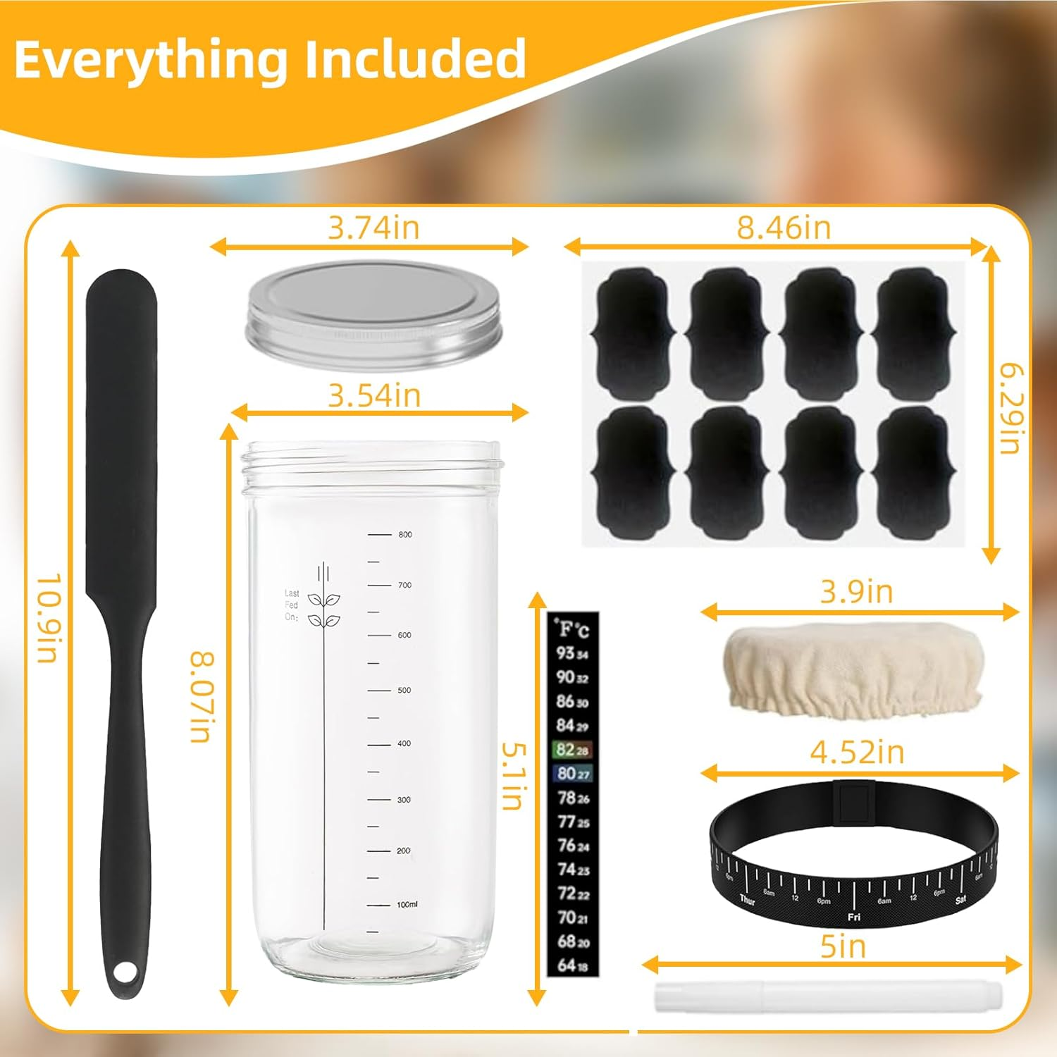 Togemvvs Sourdough Starter Jar, 1000Ml Wide Mouth Glass Sourdough Jar Kit with Measurement Markings, Rubber Scraper, Rubber Band, Cloth Cover, Label Pen, Suitable for Bread Making and Home Baking image number 4