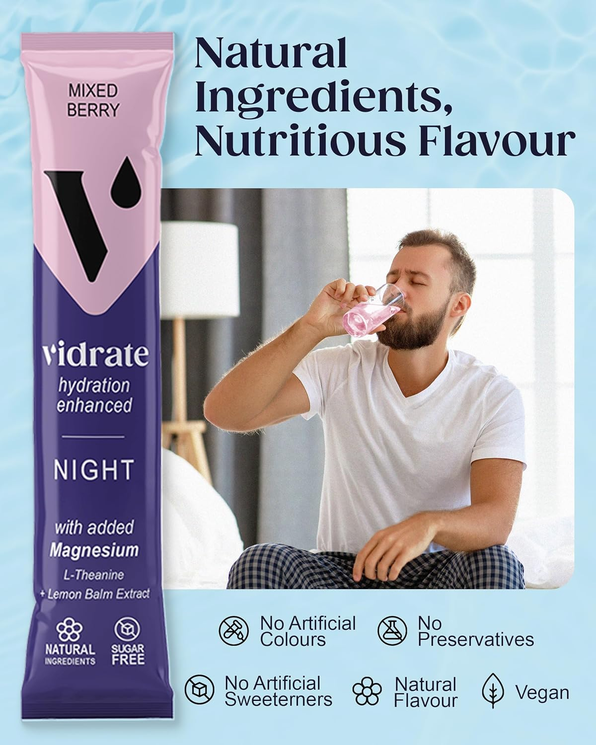 Vidrate Electrolyte Powder Hydration Sachets - Hydration Powder Packs with Vitamins - Zero Sugar, No Artificial Sweeteners or Preservatives - 8 Electrolyte Sachets, Night Time Mixed Berry image number 4