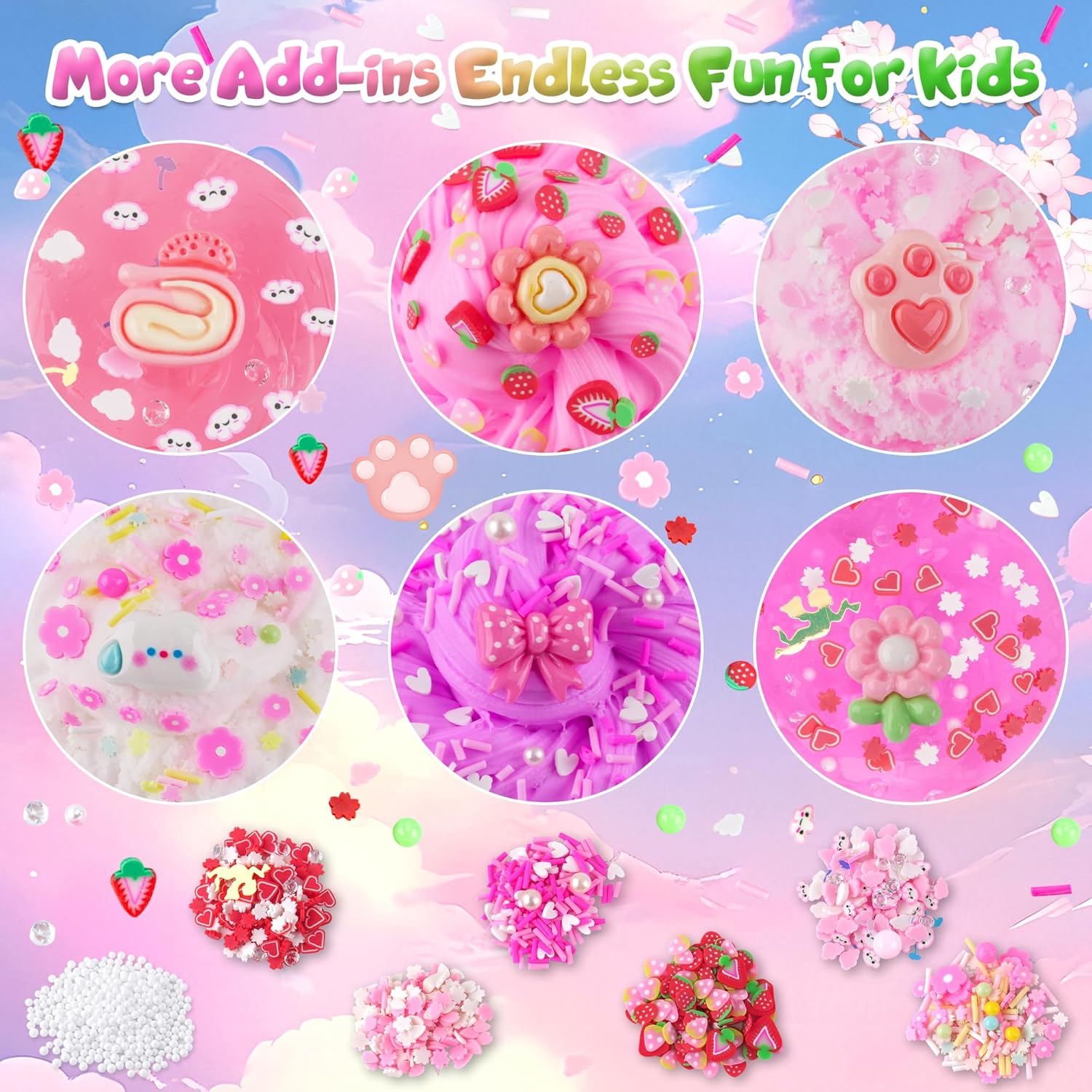 6 Packs Gradient Pink Slime Kit - Cloud Slime, Butter Slime & Clear Slime, Crunchy Slime for Kids with Various Slime Add-Ins, Non Sticky Slime Party Favors for Girls and Boys, 360Ml Kids Slime image number 5