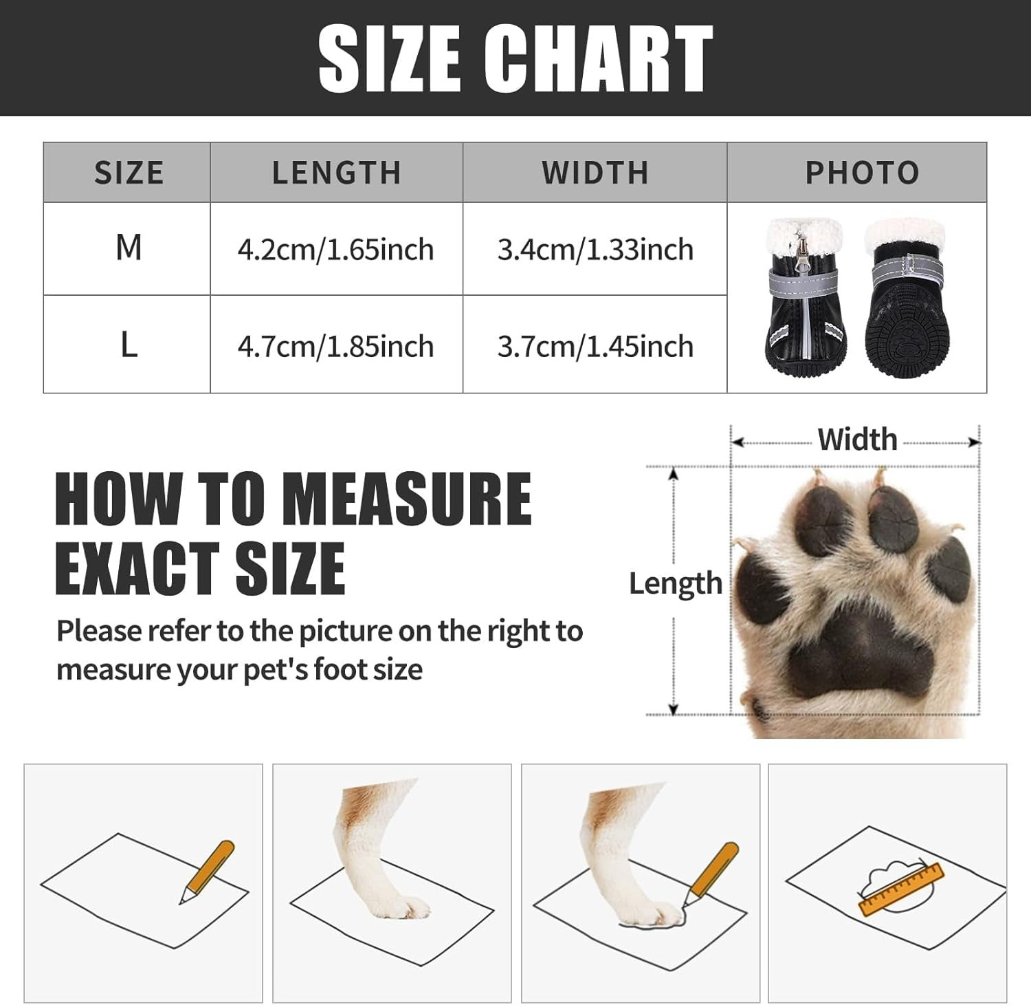 Waterproof Dog Boots, Fleece Shoes with Reflective Straps Winter Dog Paw Protector Warm Booties for Injured Paws Anti-Slip Walking Boots Outdoor for Small, Medium Dogs, Puppy (L) image number 3