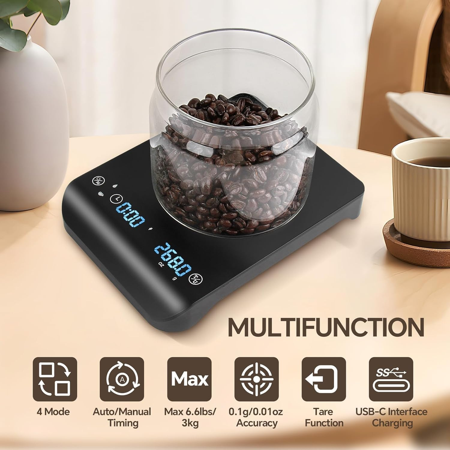 Mini Coffee Scale with Timer, Rechargeable Espresso Scale, Drip Coffee Scale 3Kg/0.1G High Precision, Automatic Peeling Timer, Touch Sensor - Black image number 4