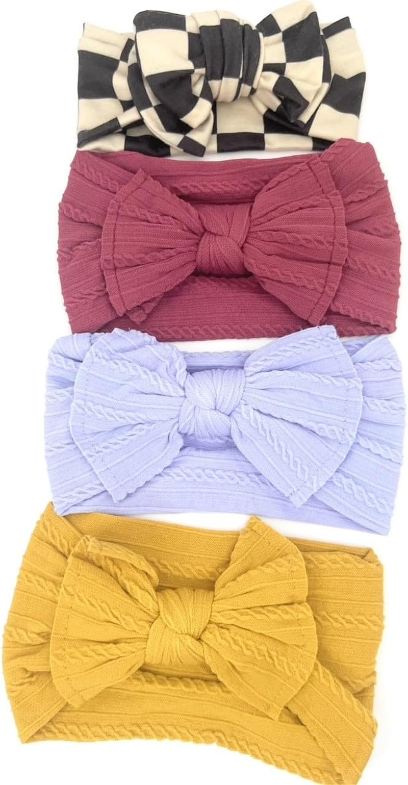 Baby Headbands Hairbands Hair Bow Elastics Handmade Hair Accessories for Baby Girls Newborn Infant Toddlers Kids. Comes in a 3-Pack, 4-Pack with Adorable Designs. Perfect for Everyday Wear, Birthdays, or Special Occasions. Floral Light Brown, Dark Square Pattern, White, (3 Pack)