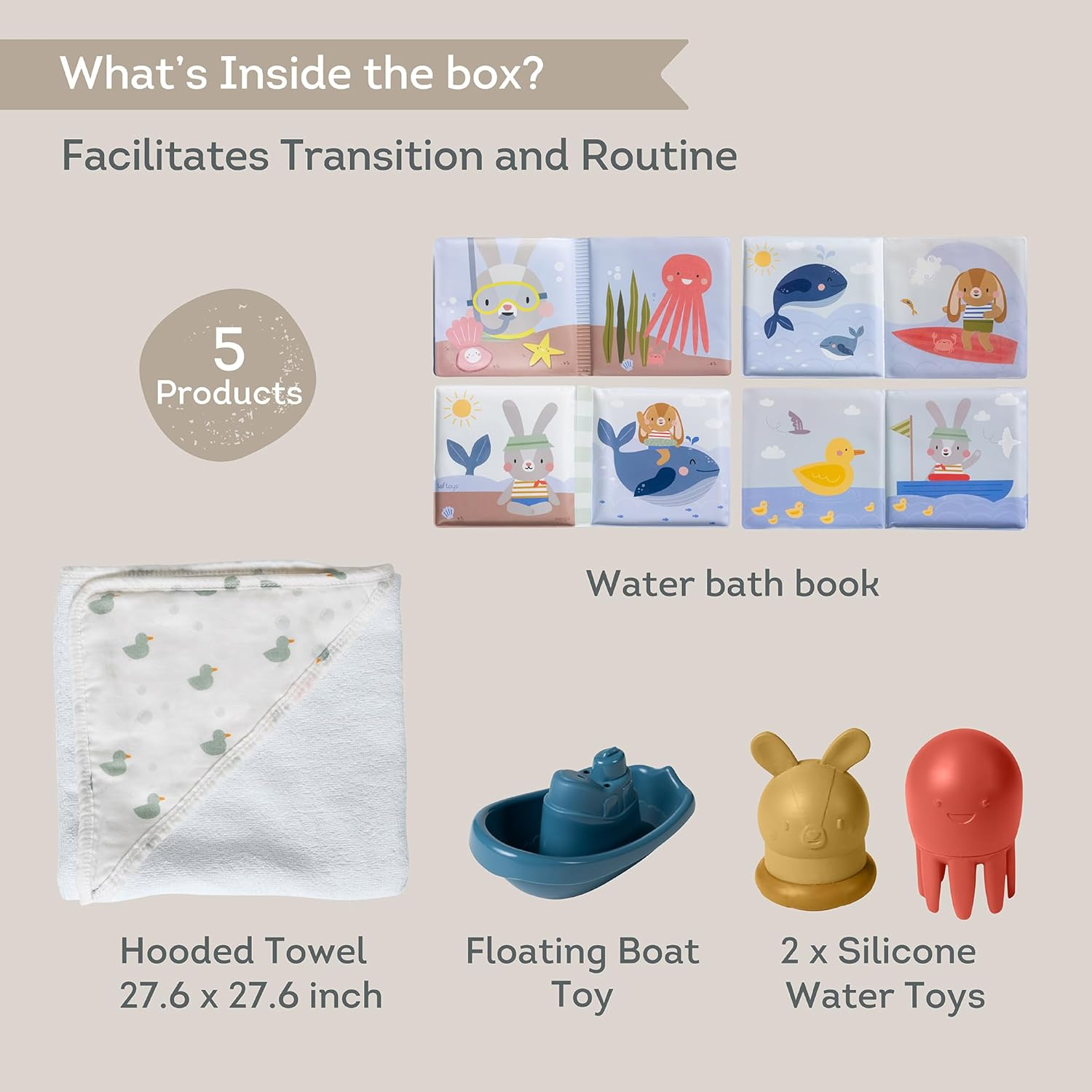Taf Toys Bath Time Kit for Babies - Including Book, Cotton Hooded Towel, Squeaking Toys, Boat Toy - with 5-Piece Newborn Essentials, Baby Boy Gift Set Baptism Gifts image number 6