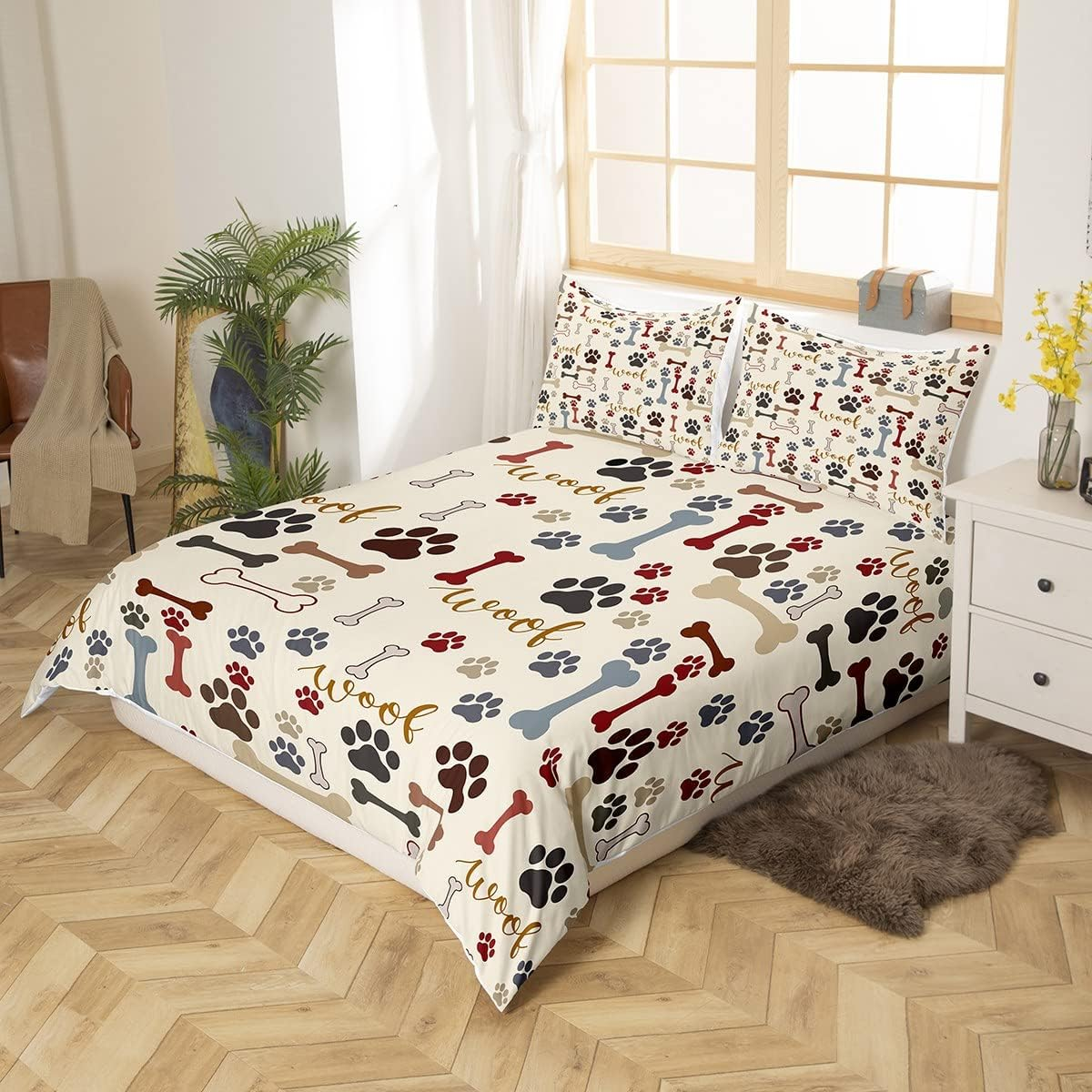 Cute Dog Paws Duvet Cover Single Size,Corgi Pug Lovely Animals Pets Comforter Cover for Kids Teens Adults Bedroom Decor,Dog Bones Cartoon Colorful Bedding Set 1 Pillowcase,No Comforter image number 4