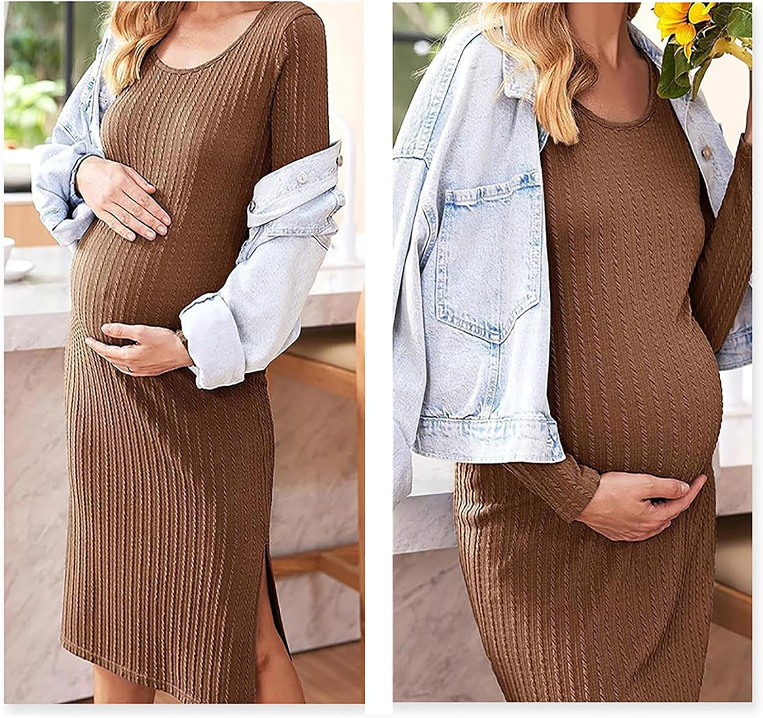 Side Slit Rib Knit Maternity Dress Long Sleeve Bump Fit Midi Dress for Baby Shower image number 1