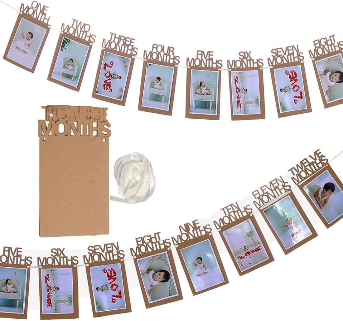 Birthday Photo Banner,1St Birthday Baby Photo Banner for Newborn to 12 Months,First Birthday Banner, Birthday Baby Photo Banner for Newborn to 12 Months for Baby First Birthday Party Decoration (Cowhide) - Light Blue image number 3